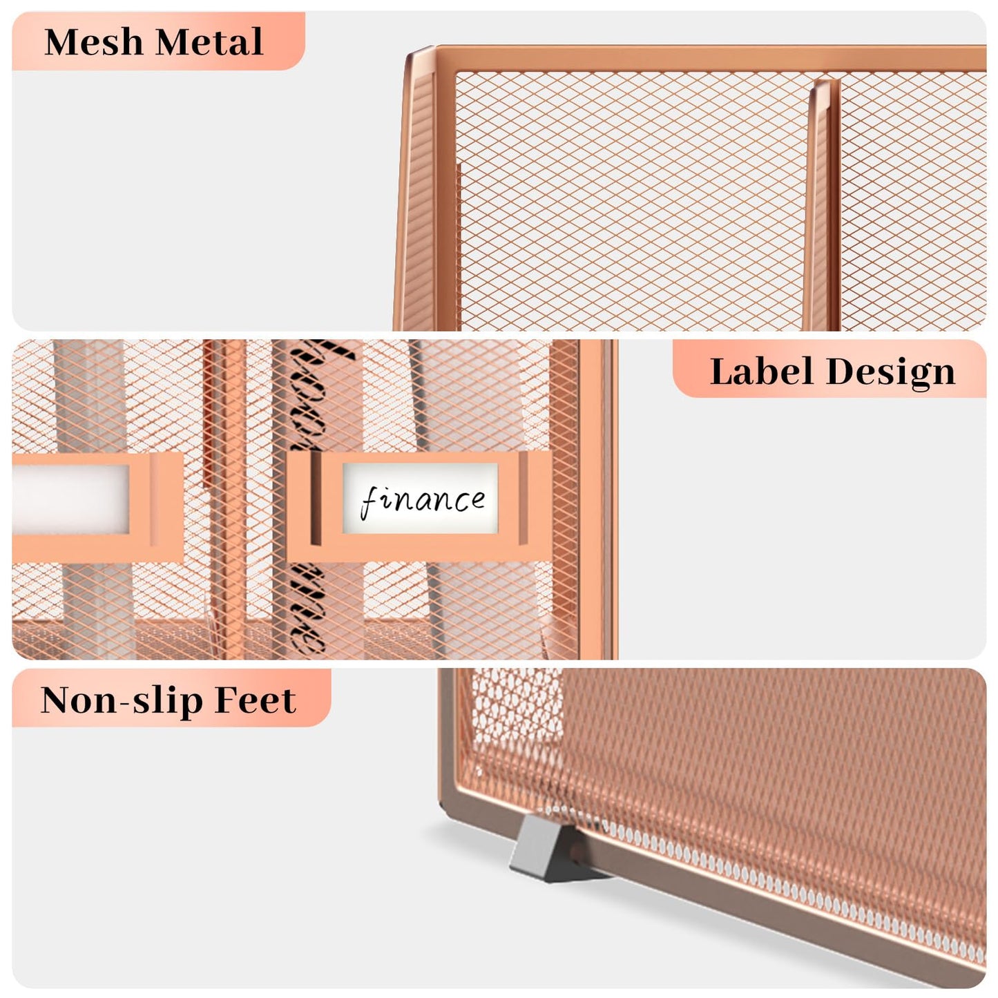 SUPEASY Desk Organizers Metal Desk Magazine File Holder with 5 Vertical Compartments Rack File Organizer for Office Desktop, Home Workspace, Rose Gold