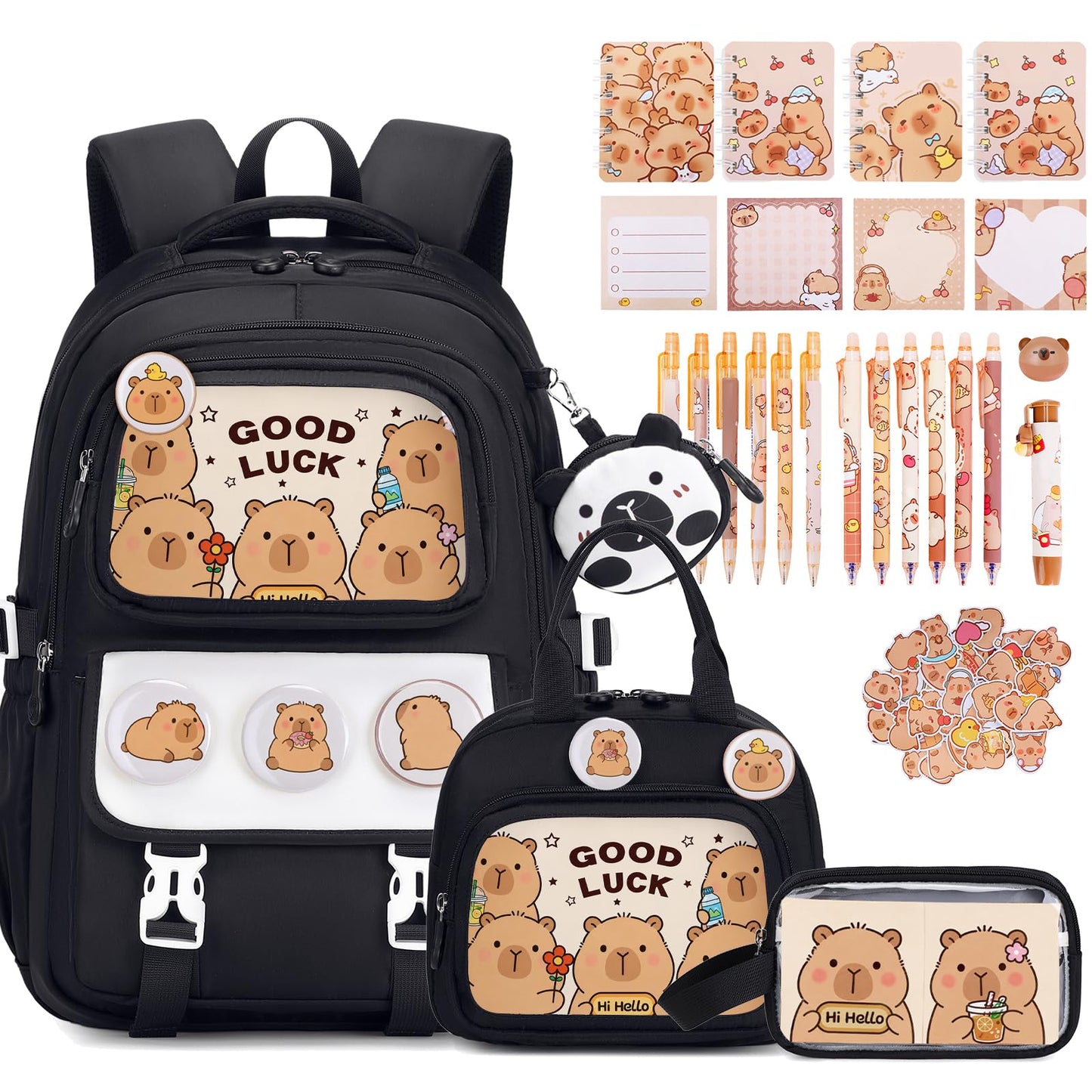 Similove Backpack for School Girls, 30PCS Gifts School Supplies Stationery Set with Lunch Box Pencil Case Pens Pencils Notebook Cartoon Gifts for Kindergarten Elementary Student(Black)