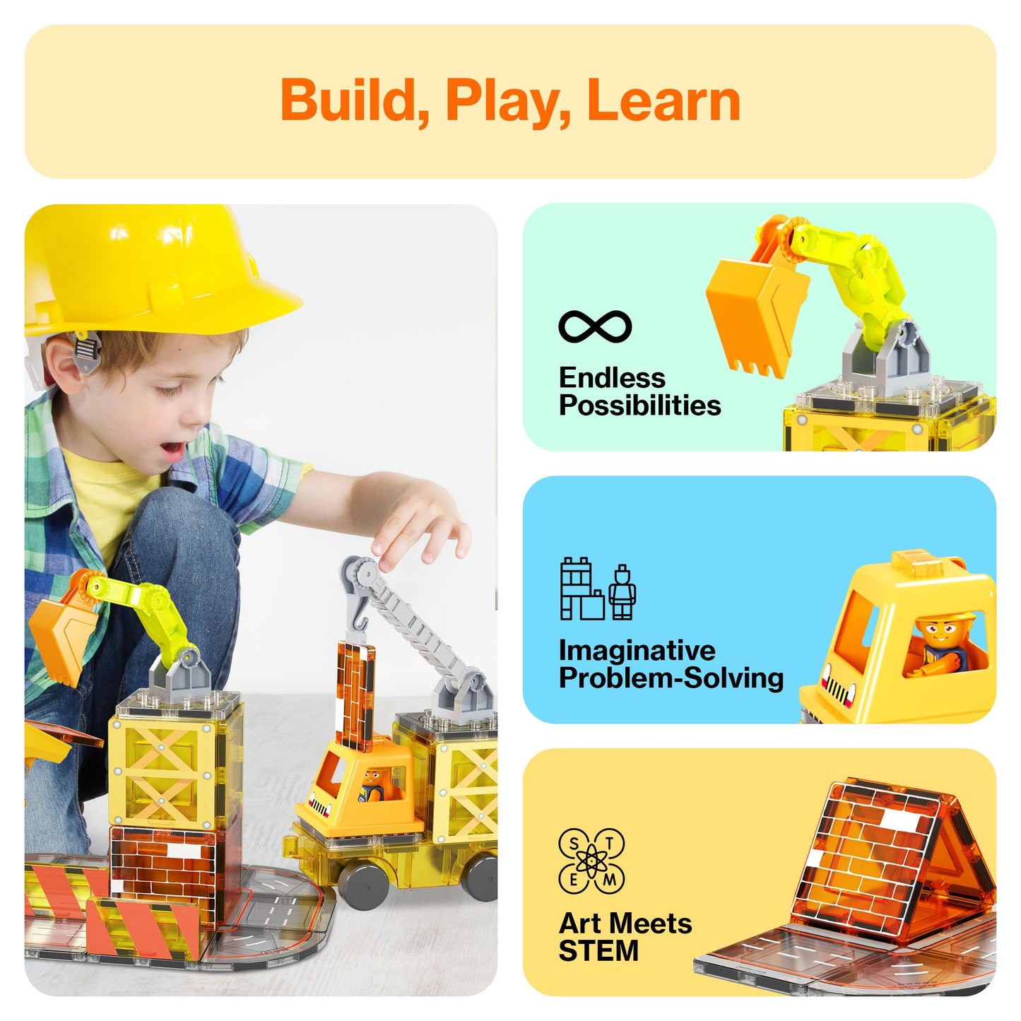 PicassoTiles Magnet Tile Construction Themed Building Blocks 5-in-1 Crane, Ladder, Dump Truck, Excavator, and Backhoe Action Figures, 2 Car Base Vehicles Magnetic Tiles Learning Toys Kids Ages3+ PTU06