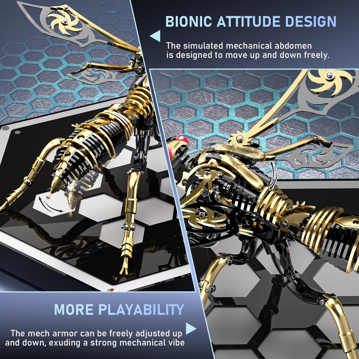 Gold-Plated Metal Bee Model Kit - 3D Stainless Steel Mechanical Insect Puzzle for Adults - Steampunk Bionic Wasp Sculpture - Executive Desktop Art and Stress Relief Gift (Bee-Black-Gold)