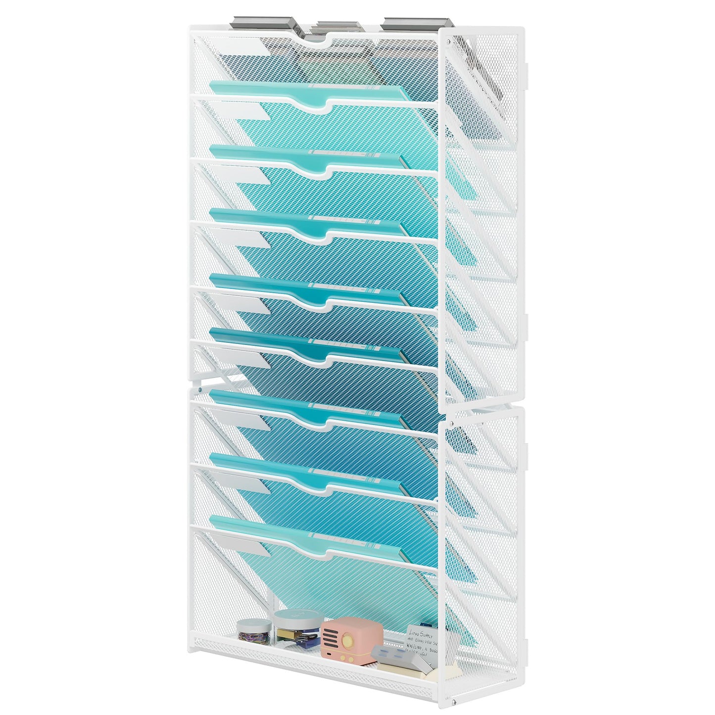 Lavatino 10-Tier Hanging Wall File Folders Organizer - White Metal Mesh Paper Magazine Document Mail Holder File Organizer for Office School Home Wall Mount or Desk Supplies Organization