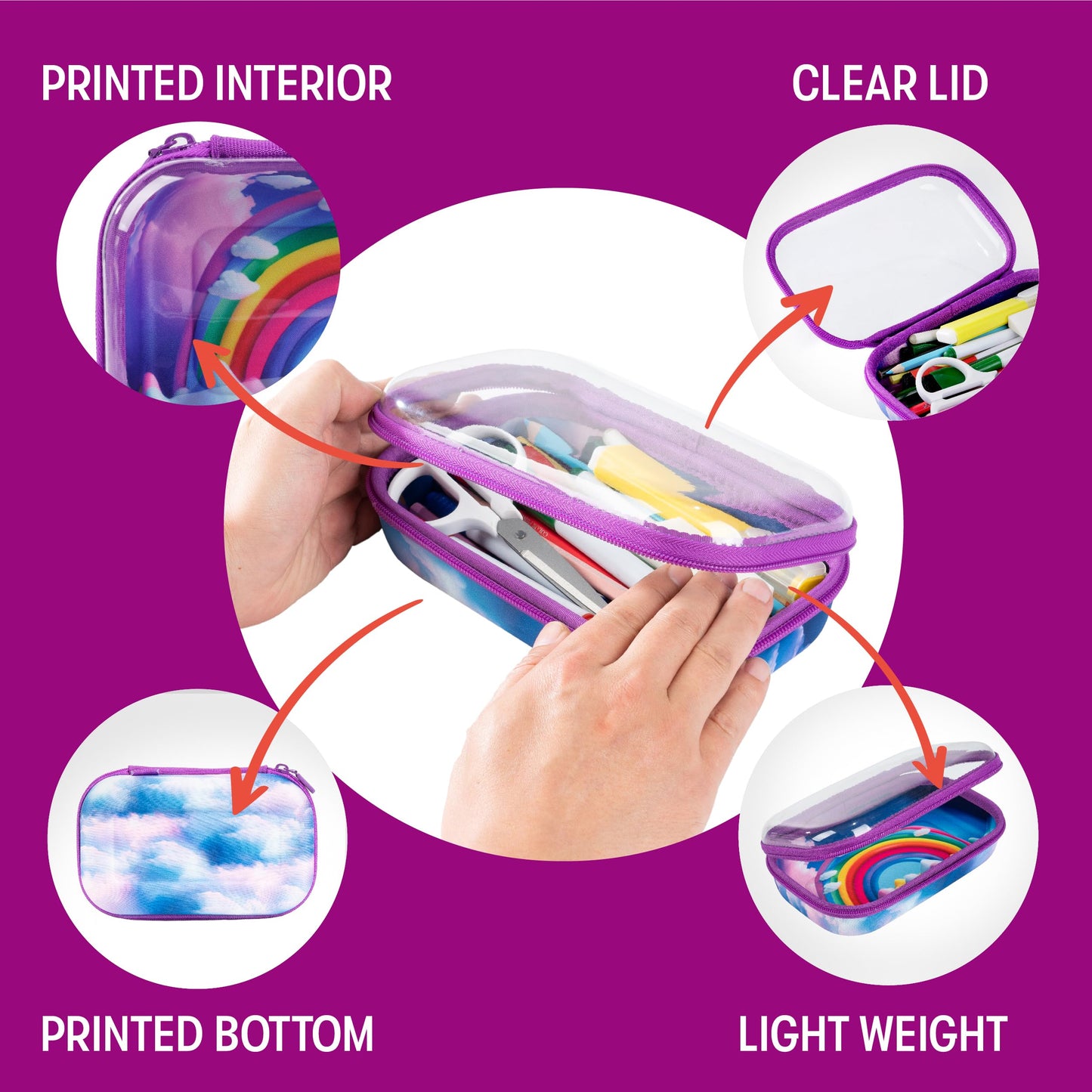 ZIPIT Clear Top Pencil Case for Kids, Durable Pencil Box for School, Large Capacity Stationery Organizer Box, Rainbow