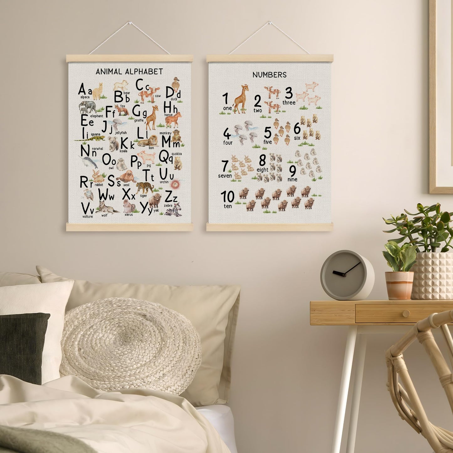 MOTERMATE Animal Nursery Alphabet Numbers Poster Hanger Frame, ABC Alphabet 1 to 10 Numbers Wall Hanging Decor Art Framed for Kids Nursery Room Classroom, Kids Wall Poster Prints, 12x16 Inch Set of 2