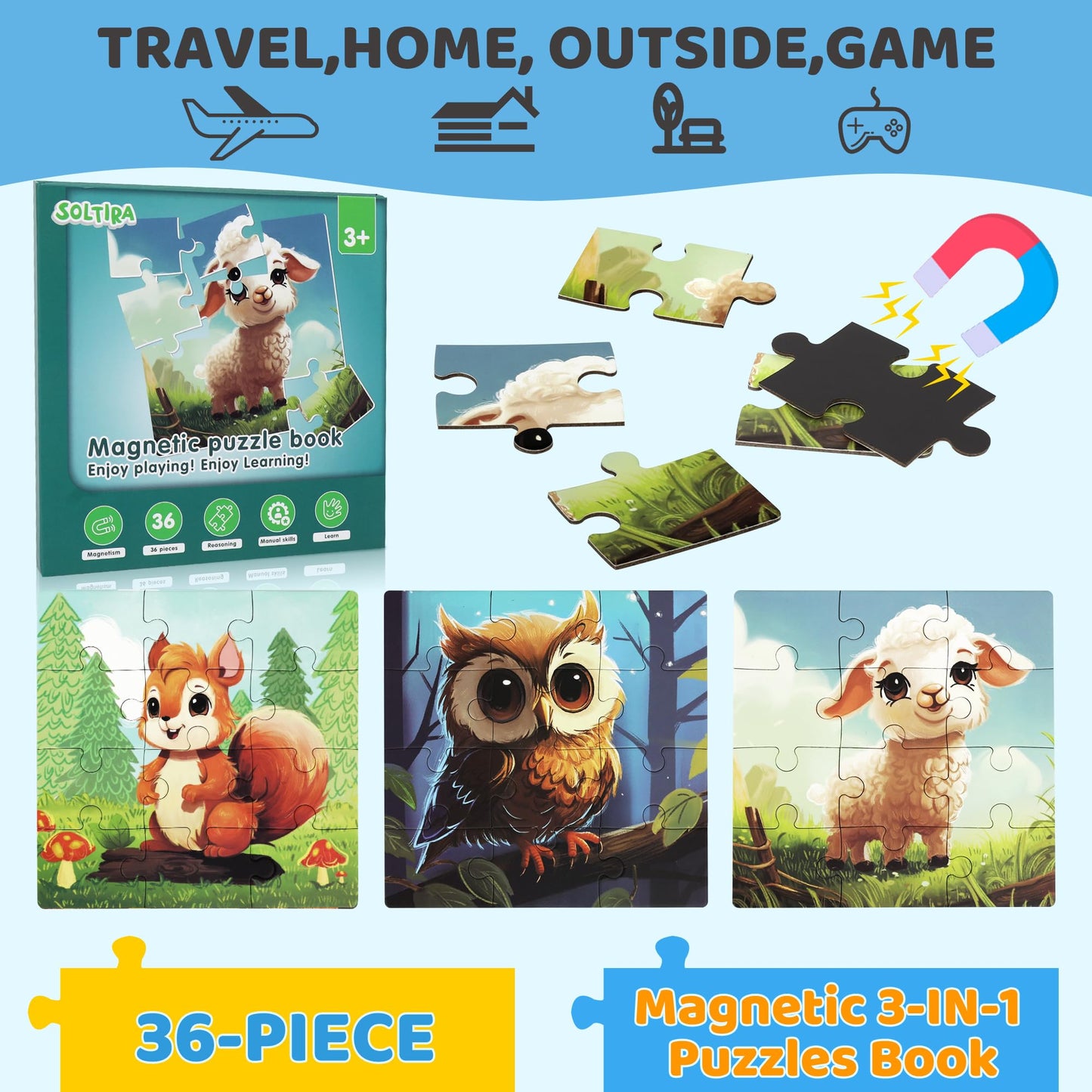 Magnetic Puzzles for Toddlers 3-5 3PK-113PCS-9 Animal Themes Magnetic Puzzles for Kids 4-6 Travel Puzzle for Airplane/Car/Road Trip/Gift Toys for 3 4 5 6 Year Old Girls and Boys