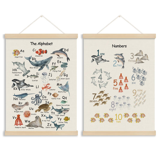 MOTERMATE Ocean Animal Alphabet Numbers Nursery Poster Hanger Frame, Educational Wall Hanging Decor Art Framed for Kids Toddler Room Bedroom Classroom, Nursery Wall Poster Prints, 12x16 Inch Set of 2