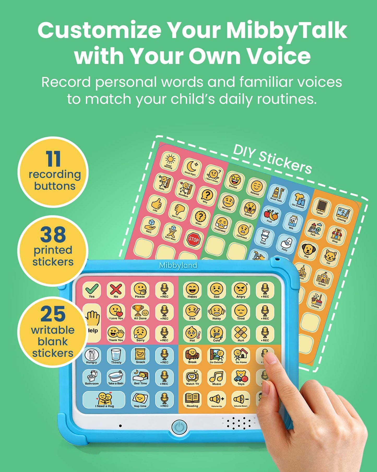 MibbyTalk AAC Device for Autism & Nonverbal Kids and Adults, Communication Tool for Home & School Use and Speech Therapy – 32 Preset Buttons, 11 Recording Buttons with Stickers, Silicone Case, Blue