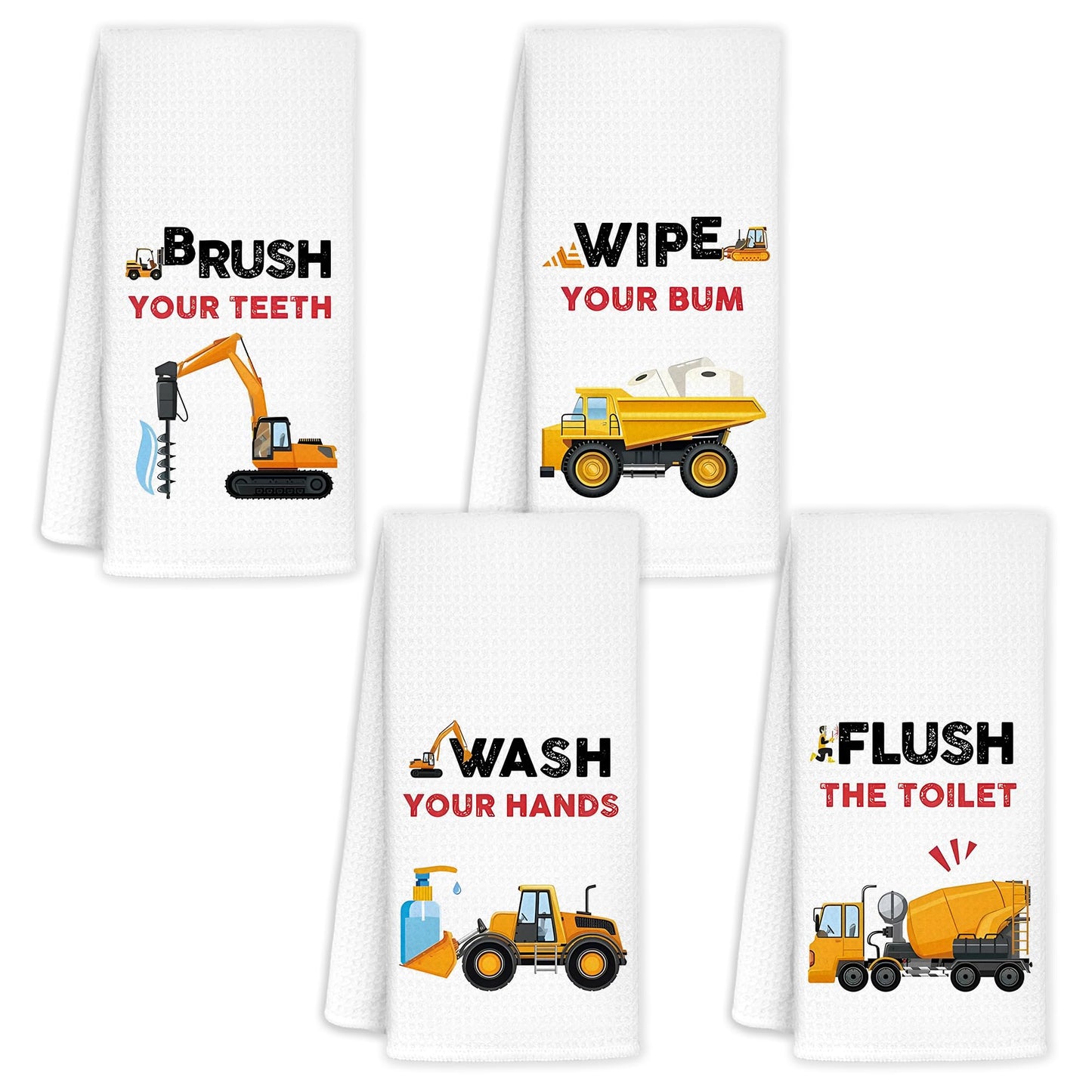 CIOJUNE Kids Construction Decor, Truck Towels for Kids Bath Towels 16x24 Bathroom Decor Sets of 4 - Wash Your Hands Toddler Boys Girls Bathroom Decor