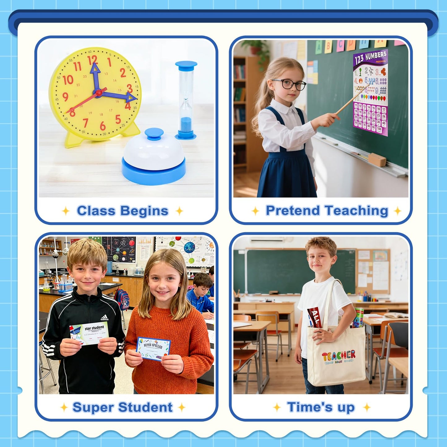 Gifts2U Pretend Teacher Playset for Kids, Play School Toys for Girls Boys with Teacher Bag, Whiteboard, Play Money, Learning Clock, Educational Posters and Play Teaching Supplies