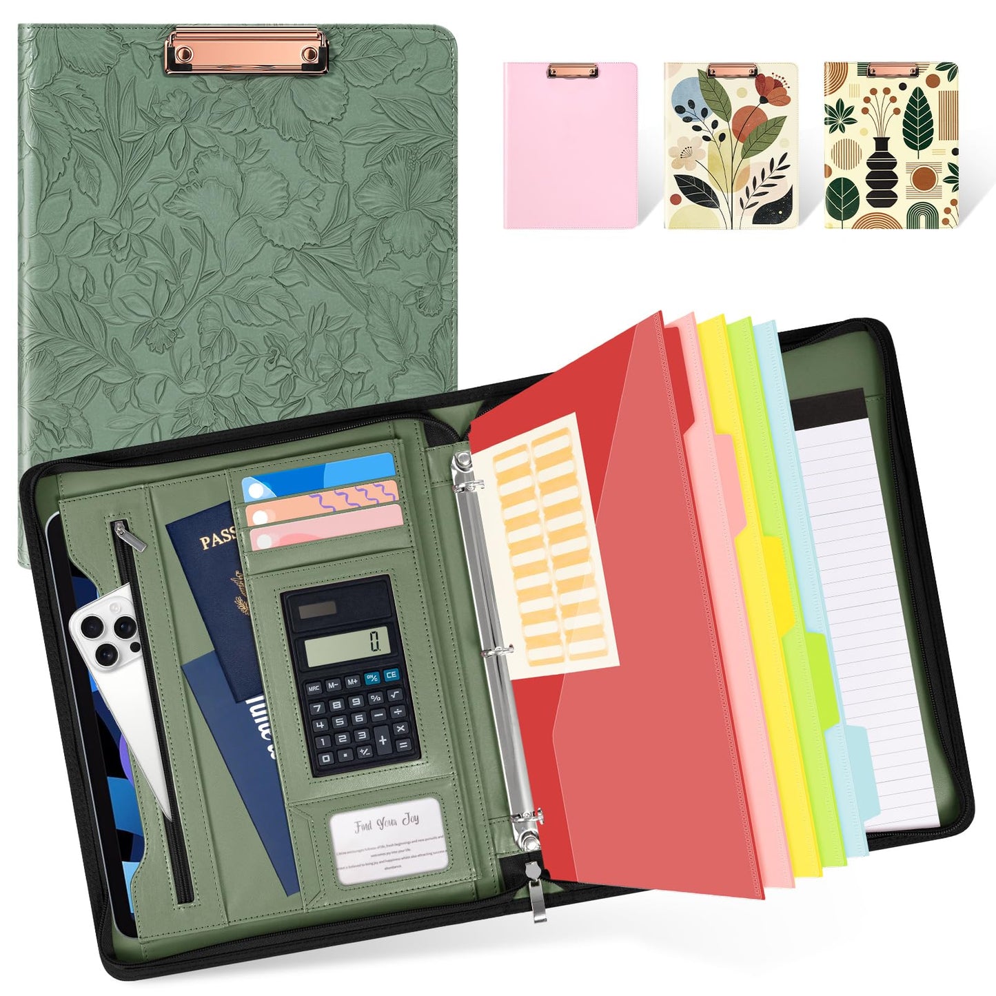 Ospelelf Green Leather Portfolio Binder 3 Ring, Zippered Clipboard Folder with Storage - 5 Dividers with Pocket, Padfolio for Women,12.1” Tablet Sleeve, Refillable Notepad, Card Slot