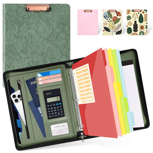 Ospelelf Green Leather Portfolio Binder 3 Ring, Zippered Clipboard Folder with Storage - 5 Dividers with Pocket, Padfolio for Women,12.1” Tablet Sleeve, Refillable Notepad, Card Slot