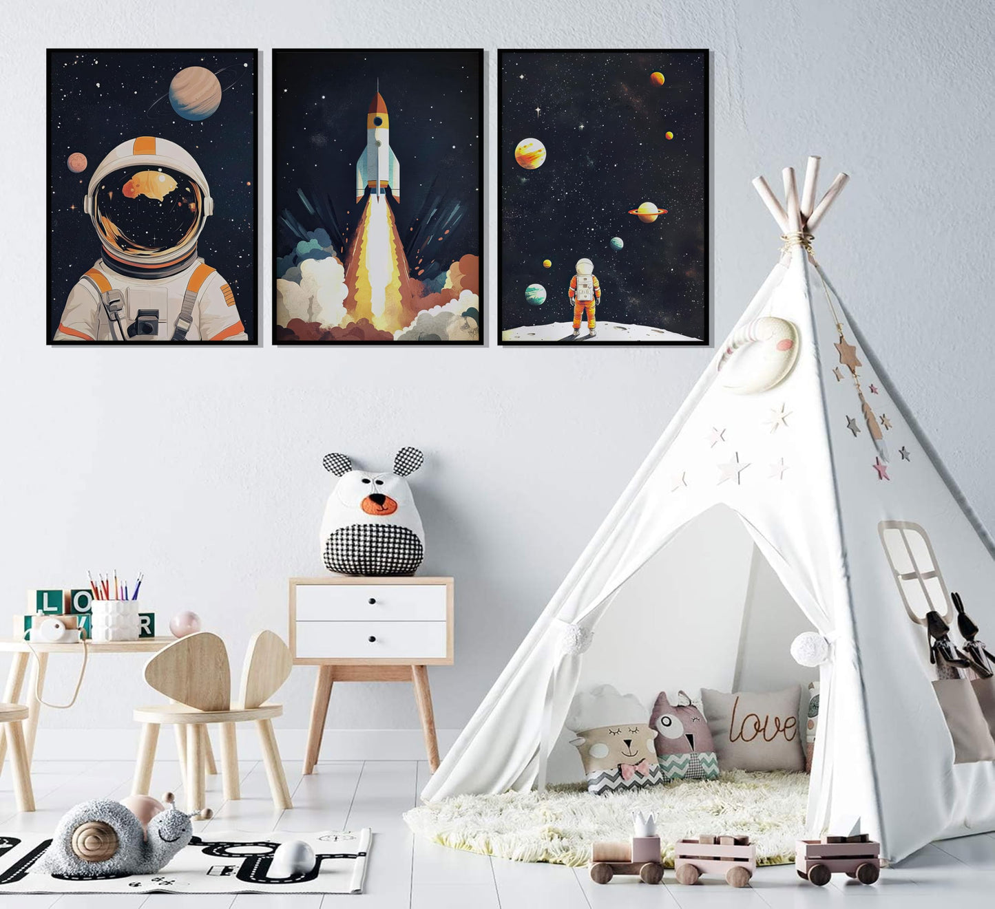 3Pcs Space Astronaut Wall art Cute Astronaut Canvas Nursery Galaxy Posters Modern Space Themed Print Rocket Pictures Toddler Boy Room Wall Decor for Adventure Kids Bedroom Nursery Room Unframed