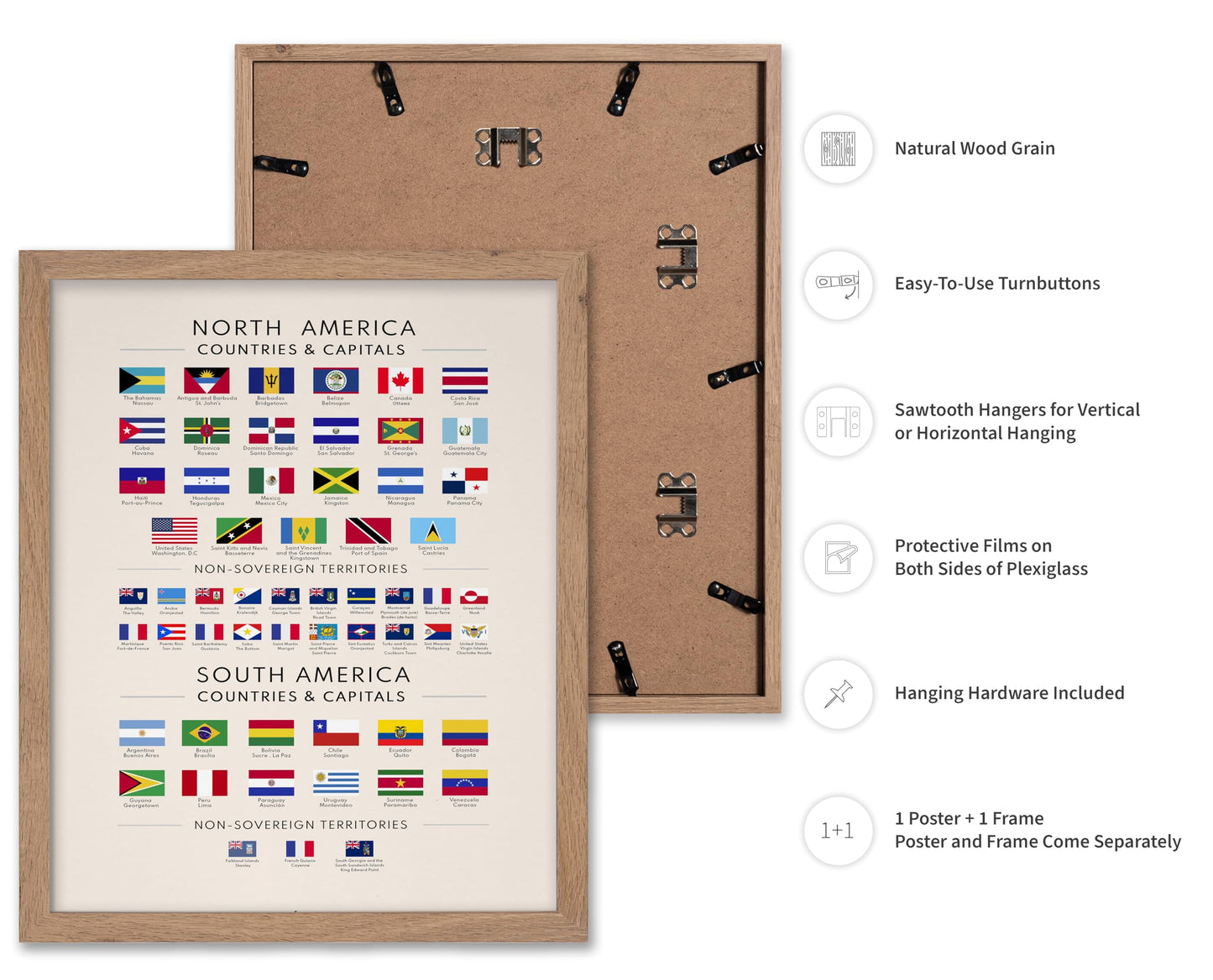 Poster Master Flags of the Americas Poster - North & South American Countries & Capitals Print - Educational Art - Gift for Student & Teacher - Decor for Classroom or Library, 11x14 Beige Framed