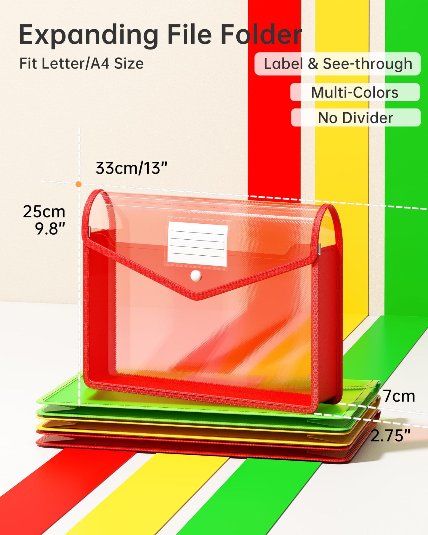 XingDuing 3 Pack Plastic Expanding File Folder, Transparent Envelopes with Snap Closure, Fit Letter/A4 Size for School/Office/Home/Hospital, No Dividers, Large Capacity-3 Colors