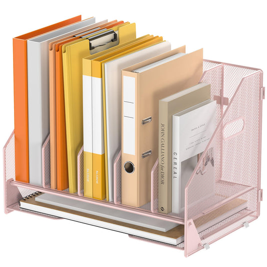 OrgMate Desk File Folder Holder Organizer-5 Vertical Compartments Racks and Paper Letter Tray,Mesh Magazine File Holder Sorter,Desktop Accessories & Workspace Organizers for Home,Office,School-Pink