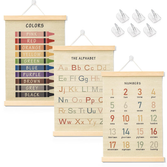 BEZONO 3-Pack Toddler Learning Posters (12x16 Inch) - Educational Playroom Wall Decor | Interactive ABC Alphabet, Numbers & Colors Charts for Kids Playpen, Nursery & Classroom
