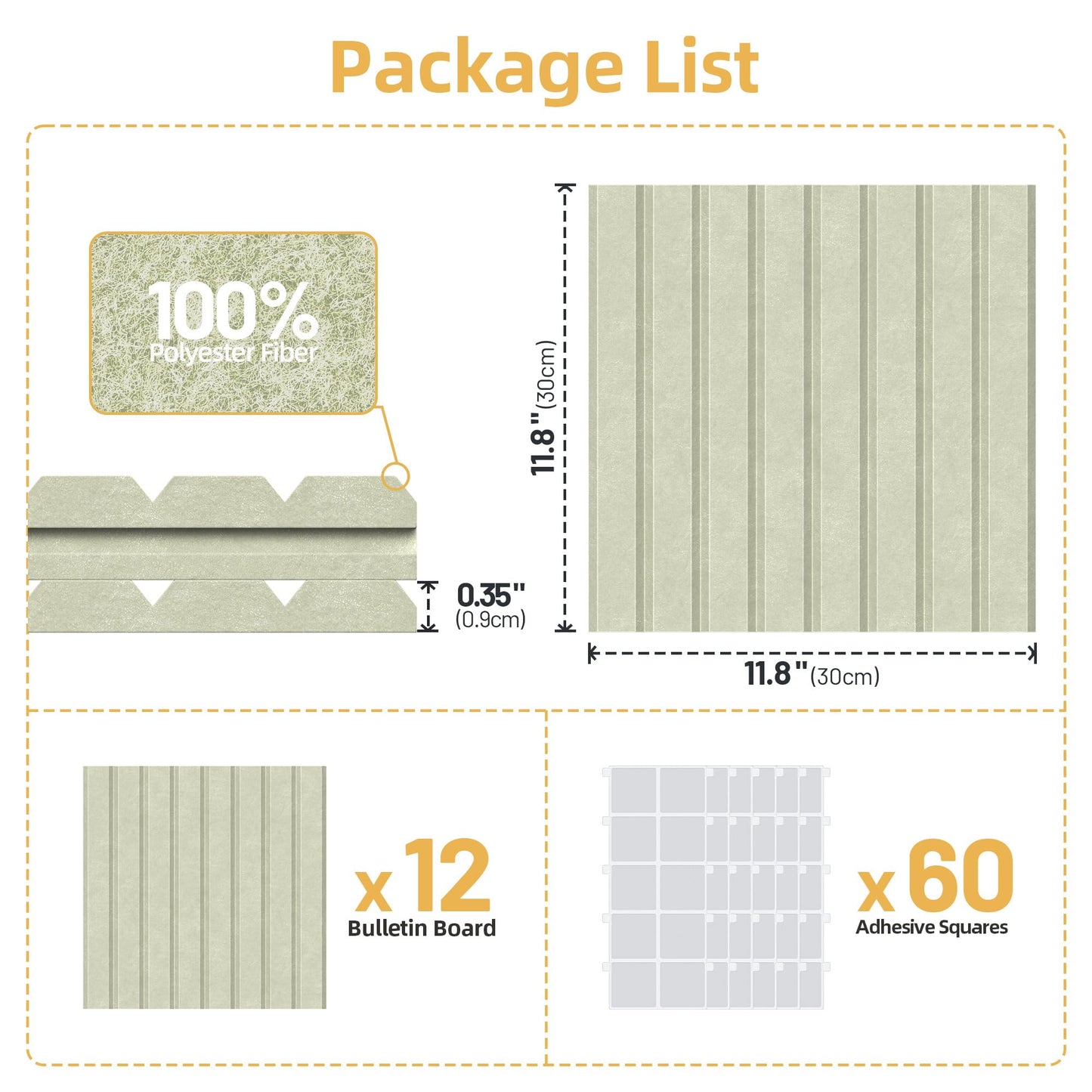 Large Cork Board for Wall 36" x 48" Sage Bulletin Board with Safe Removable Adhesive Squares for Pictures Photos, Alternative CorkBoard Felt Pin Boards Tiles for Office Classroom Wall Decor - 12 Pack