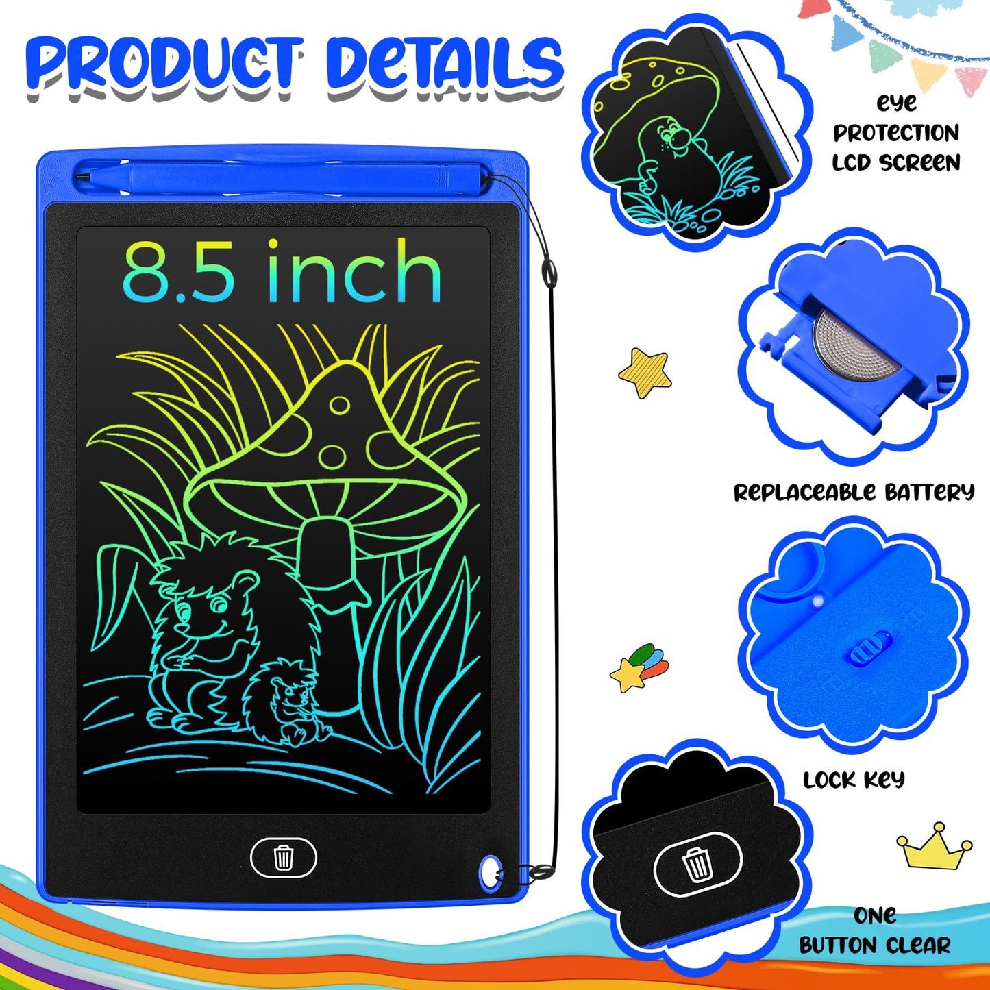 Zhehao 24 Pieces LCD Writing Tablet Doodle Board 8.5 Inch Colorful Reusable Screen Board Pad Reusable Drawing Writing Learning Educational Pad Toys for Girls Boys 8-10 3-10(Blue,Round Style)