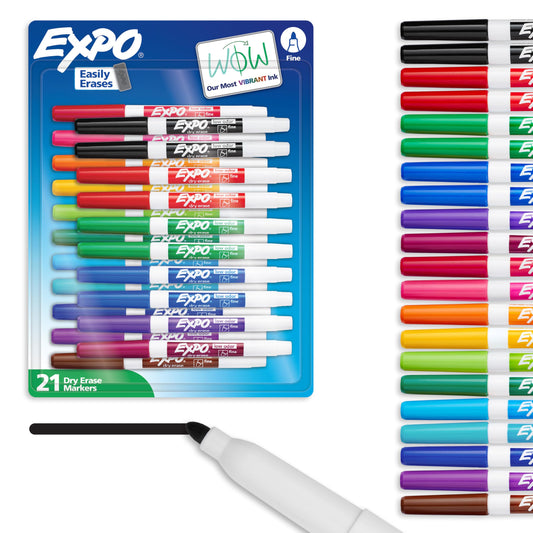 EXPO Dry Erase Markers, Low Odor Ink, Assorted Colors, Fine Tip, 21 Count - Whiteboard, Essential Supplies for Office, School, Classroom, Teachers (Pack of 12)
