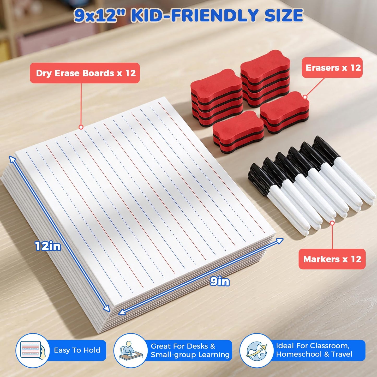GAMENOTE White Board Dry Erase, Small Magnetic Lined White Board Set, Double Sided Magnet Ruled Lap Boards Whiteboard for Kids and Student Learning, 9x12 Inches (Pack of 12)