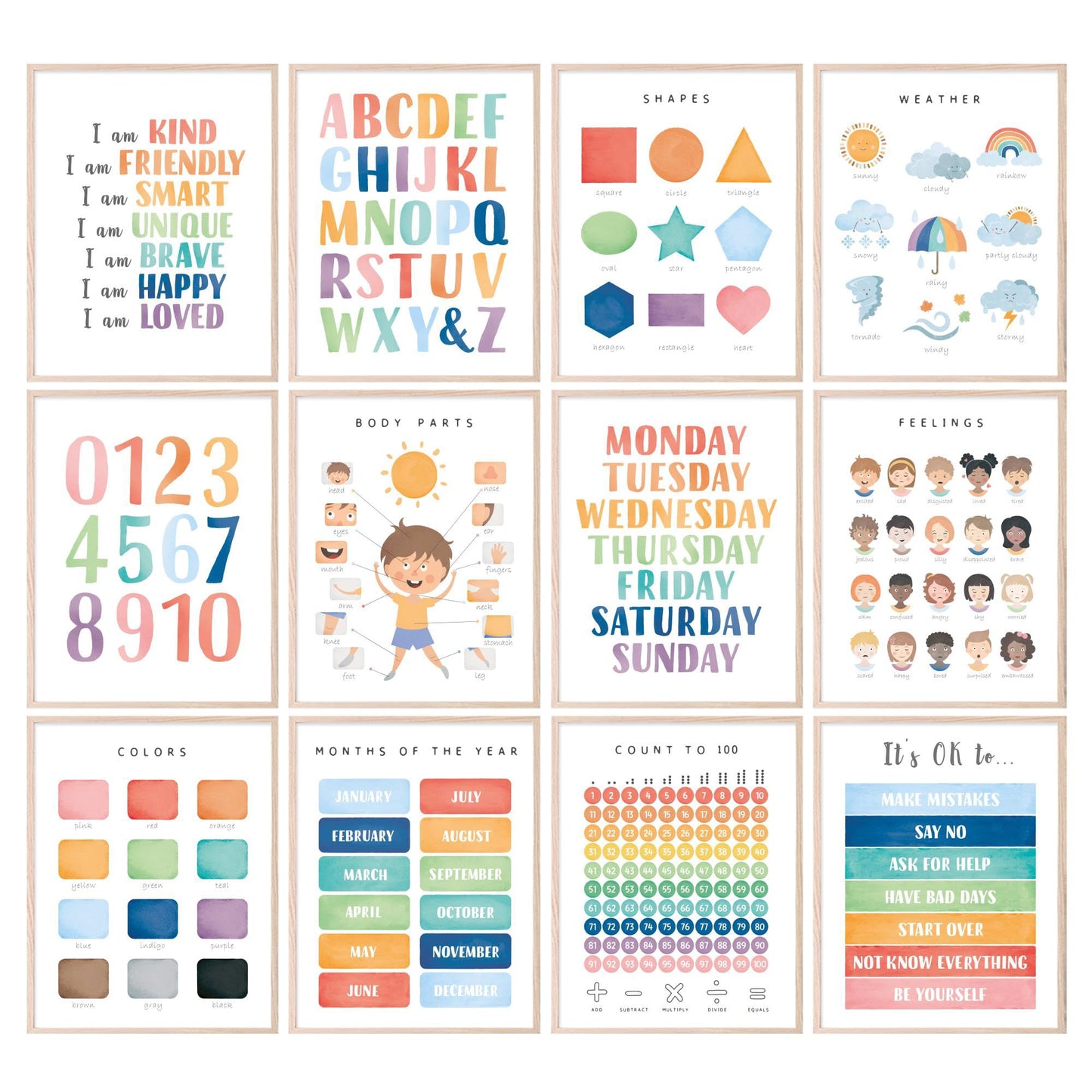 BigWig Prints Educational Posters for Toddlers - Learning Posters for Toddlers 1-3, Montessori Room Essentials, Montessori Wall Decor, Learning Signs for Wall, Preschool - Unframed Set of 12 (8x10)