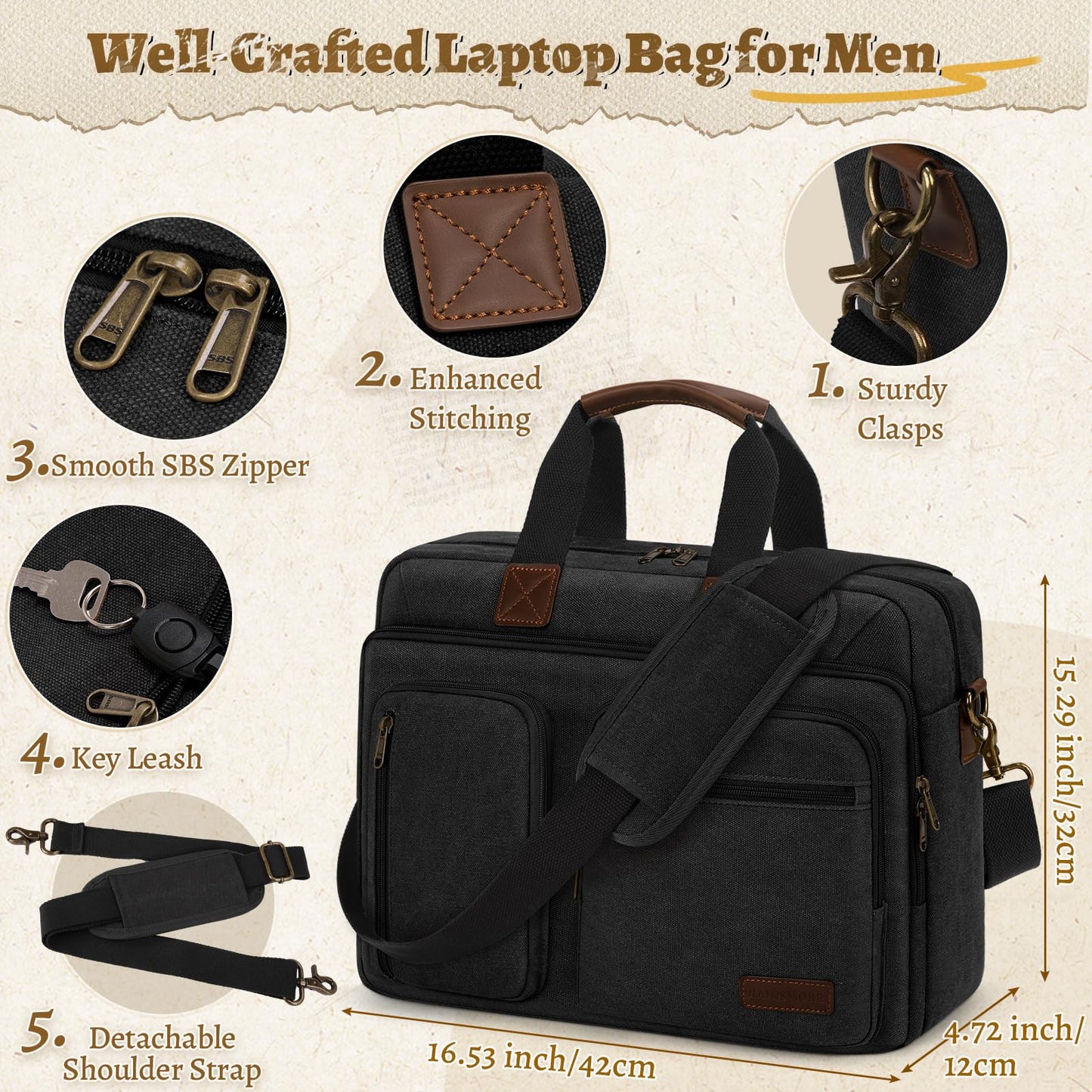 Mens Laptop Messenger Bag 15.6 Inch Canvas Briefcase Waterproof Vintage Computer Bag Shoulder Bag Satchel Bags for Work College Travel