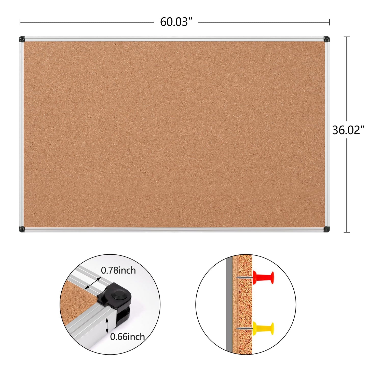 Board2by Large Cork Bulletin Board 60" X 36", Silver Aluminum Framed Corkboard for Wall, Wall Mounted Notice Pin Board with Push Pins for School, Home & Office - 5' x3' Corkboard