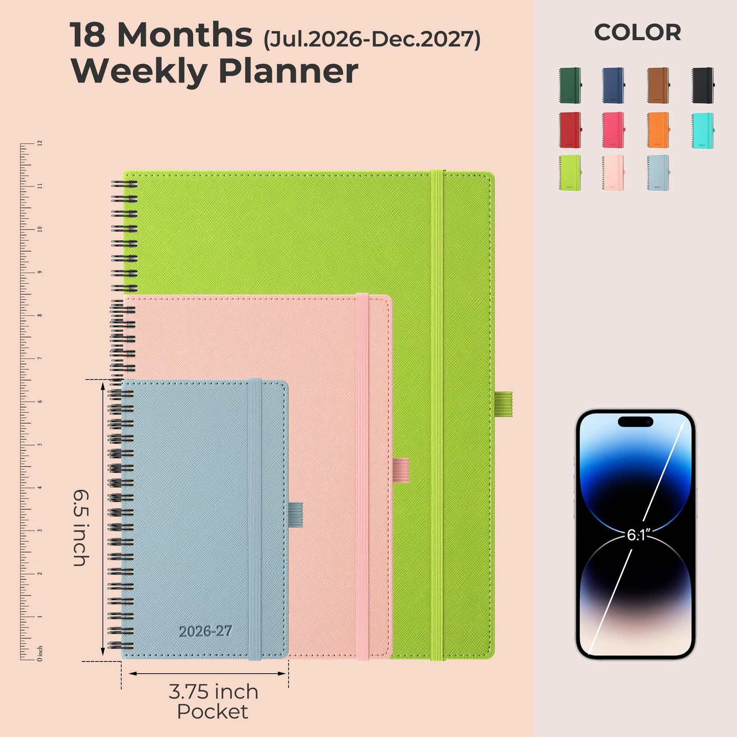 IN-LUXPRO Planner 2026-2027 Daily Weekly and Monthly,6.5"x3.75",18 Months Spiral Bound Calendar Agenda with Self-adhesive Pen Holder,2026 Academic Plan with Vegan Leather Soft Cover,Wasabi Green