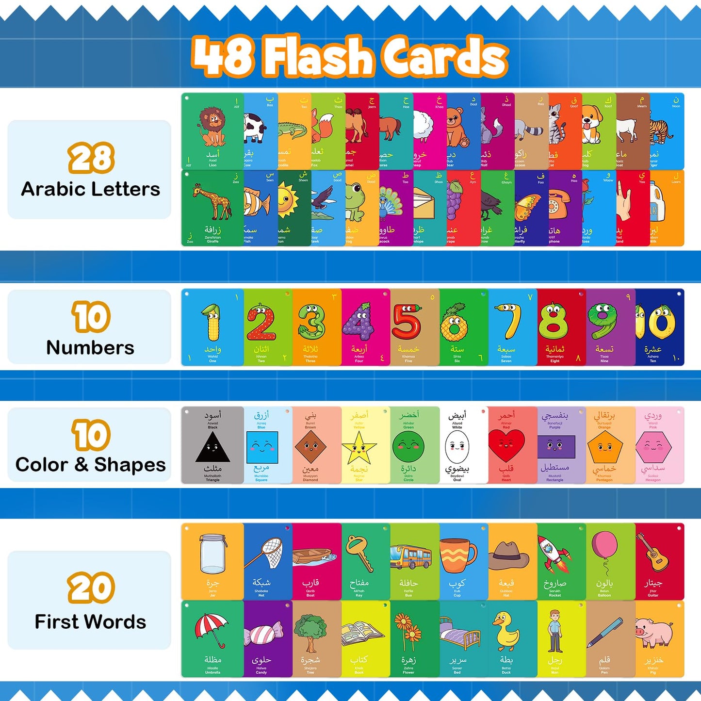 48 Arabic Toddler Flash Cards, Baby Cognitive Flashcards for Kids, Learn Arabic Letters, Number, Color, Shape & Sight Words, Educational Toys with English Transliteration for Preschool Kindergarten