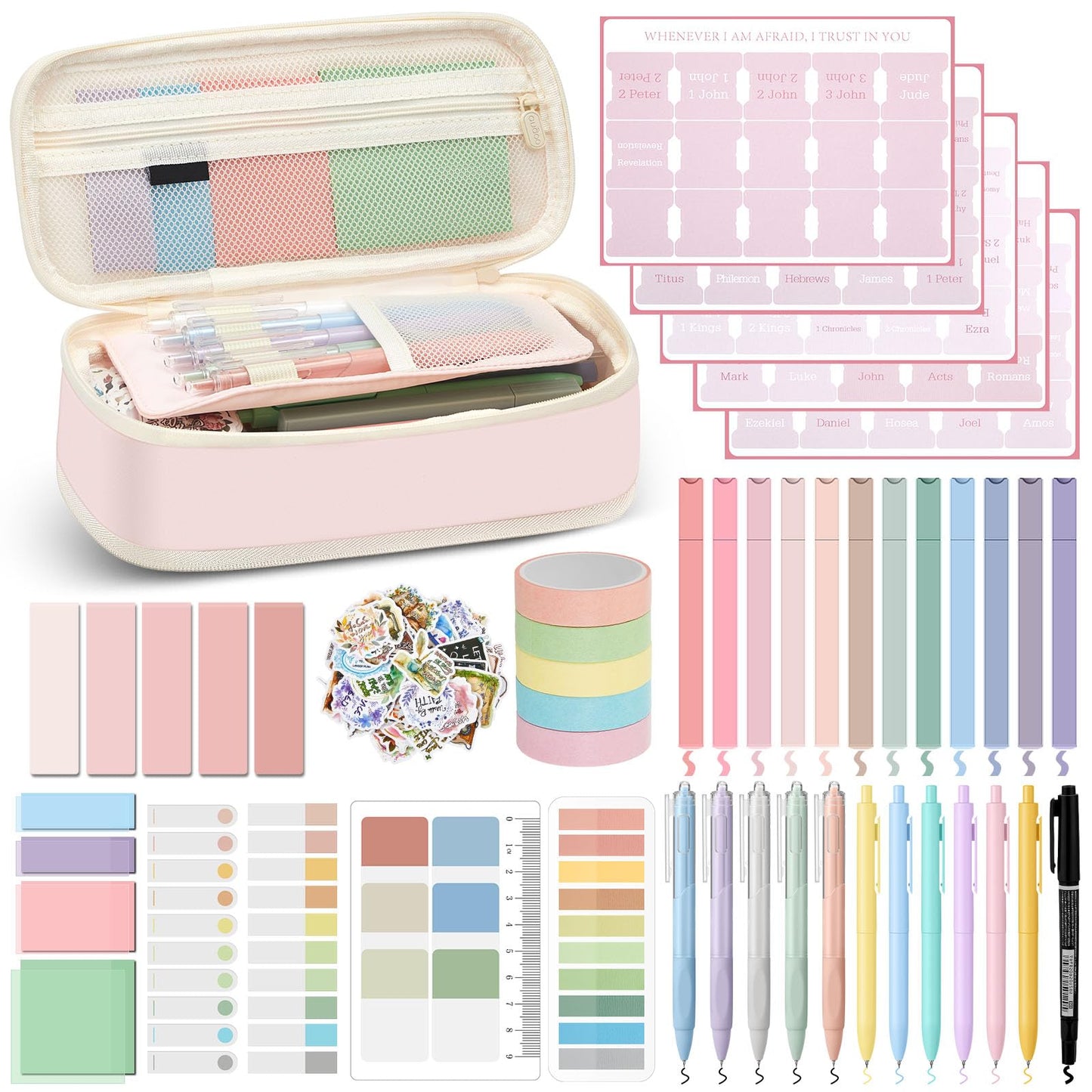 98 Pcs Bible Study Supplies, Bible Journaling Kit for Women, Aesthetic Study Kit with Pencil Case Book Annotation Aesthetic Highlighters Notes Gel Pens for Office Christian Gifts Christmas(Pink)