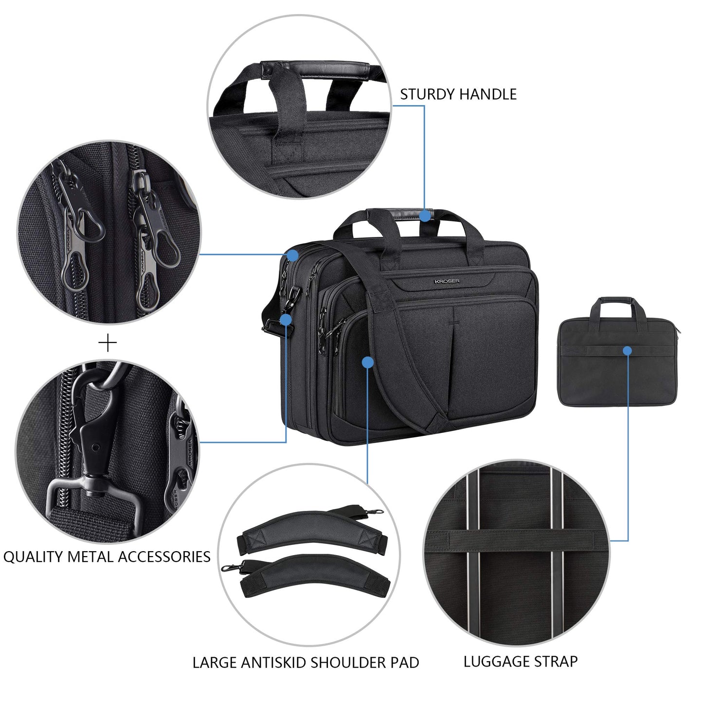 KROSER Laptop Bag Expandable Lightweight Briefcase for 17.3" Laptop Premium Business Work Bag Water-Repellent Messenger Bag for Travel/Women/Men-Black