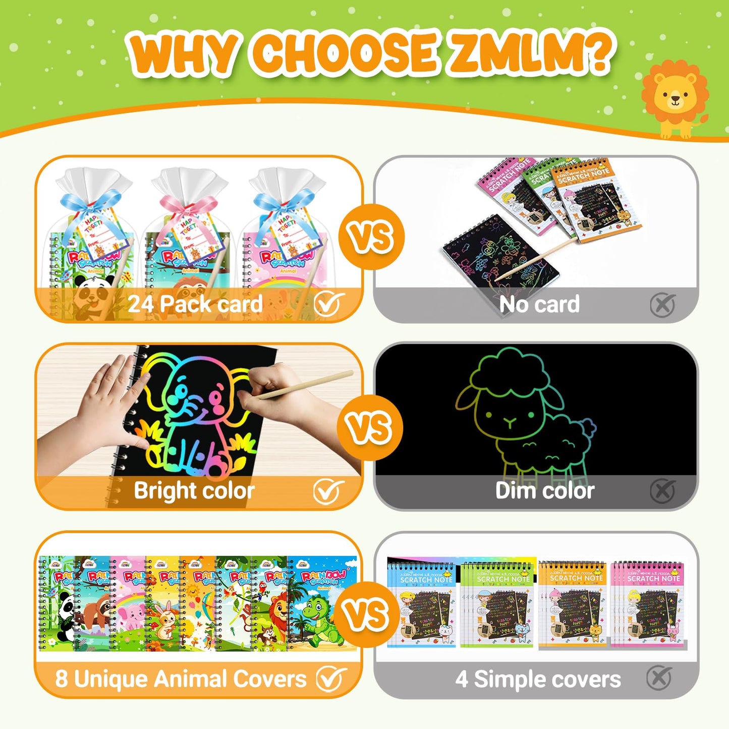 ZMLM 24 Pack Rainbow Scratch Art Party Favors for Kids 4-8 - Mess-Free Birthday Goodie Bags Stuffers, Classroom Prizes Grades 1–3 Creative Paper Notebooks for Pre-K Kindergarten Gifts (Animal, 24)