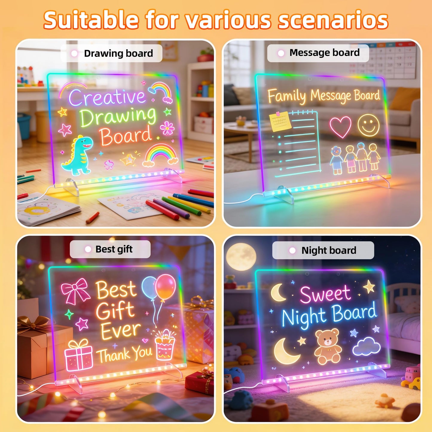 LED Note Board with Colors, 13.7"X10" 6 Modes & 8 Colors Acrylic Dry Erase Boards with Light, Led Drawing Board for Kids with Stand,Birthday Holiday Day Gifts for Girls & Boys Age 3+