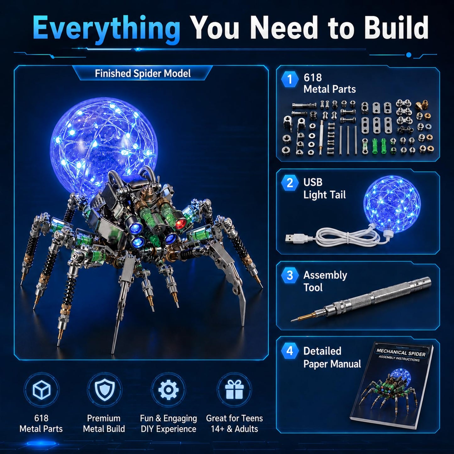3D Metal Puzzle for Adults,Spider Puzzle Building Set，3D Metal Model Kit, Brain Teaser Puzzles DIY Assembling for Stress Relief - High end Men's Gift