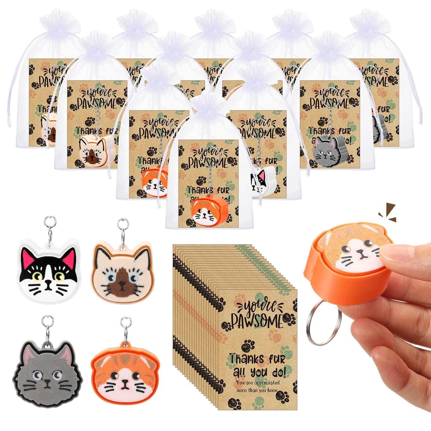 Gerrii 24 Set Cat Clicker Fidget Keychain 3D Printed Sensory Clicker Fidget Toys with Inspirational Cards Stress Relief Positive Gifts for Coworkers Teacher Graduation Party Favors (Colourful, Cat)