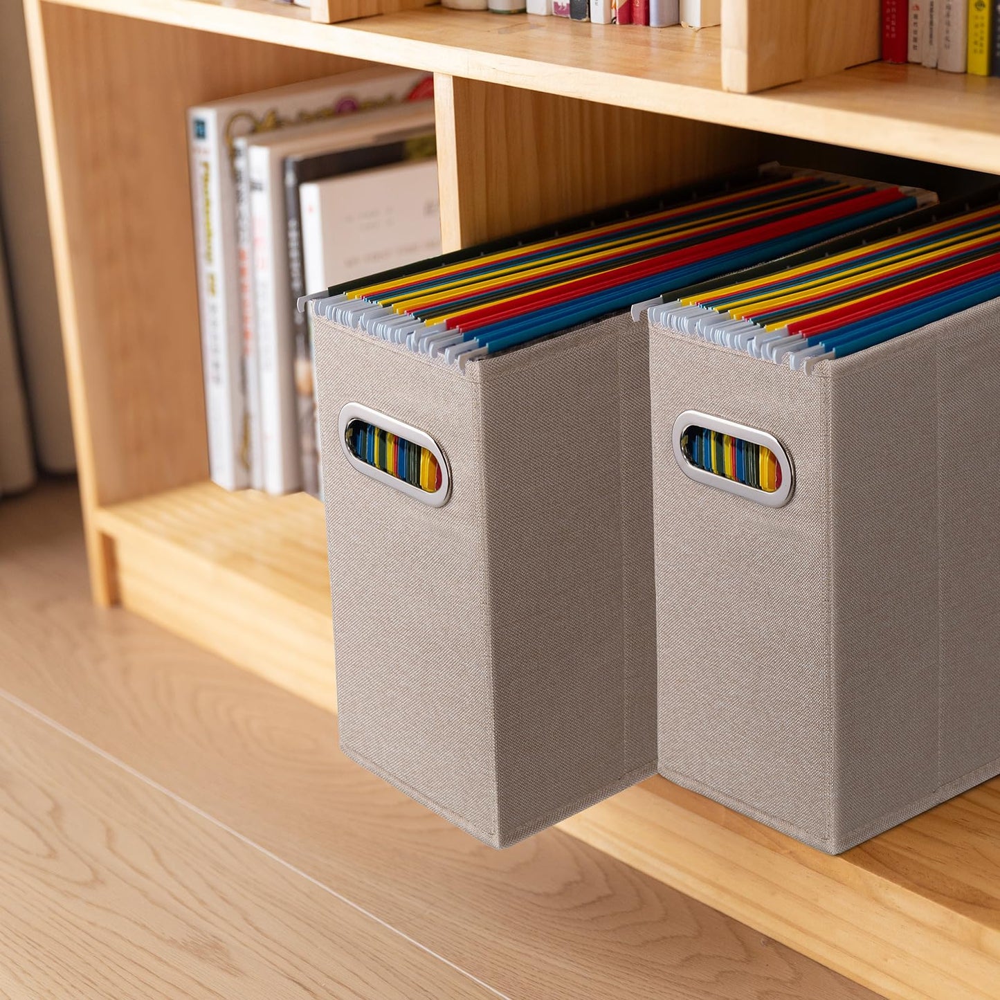 ComfortKeeper 4 Packs Letter Size File Organizer, File Folders Organizer, Fabric Storage Box, Collapsible Paper Organizer with Metal Handle, Smooth PVC Rails, Only Box (Beige)
