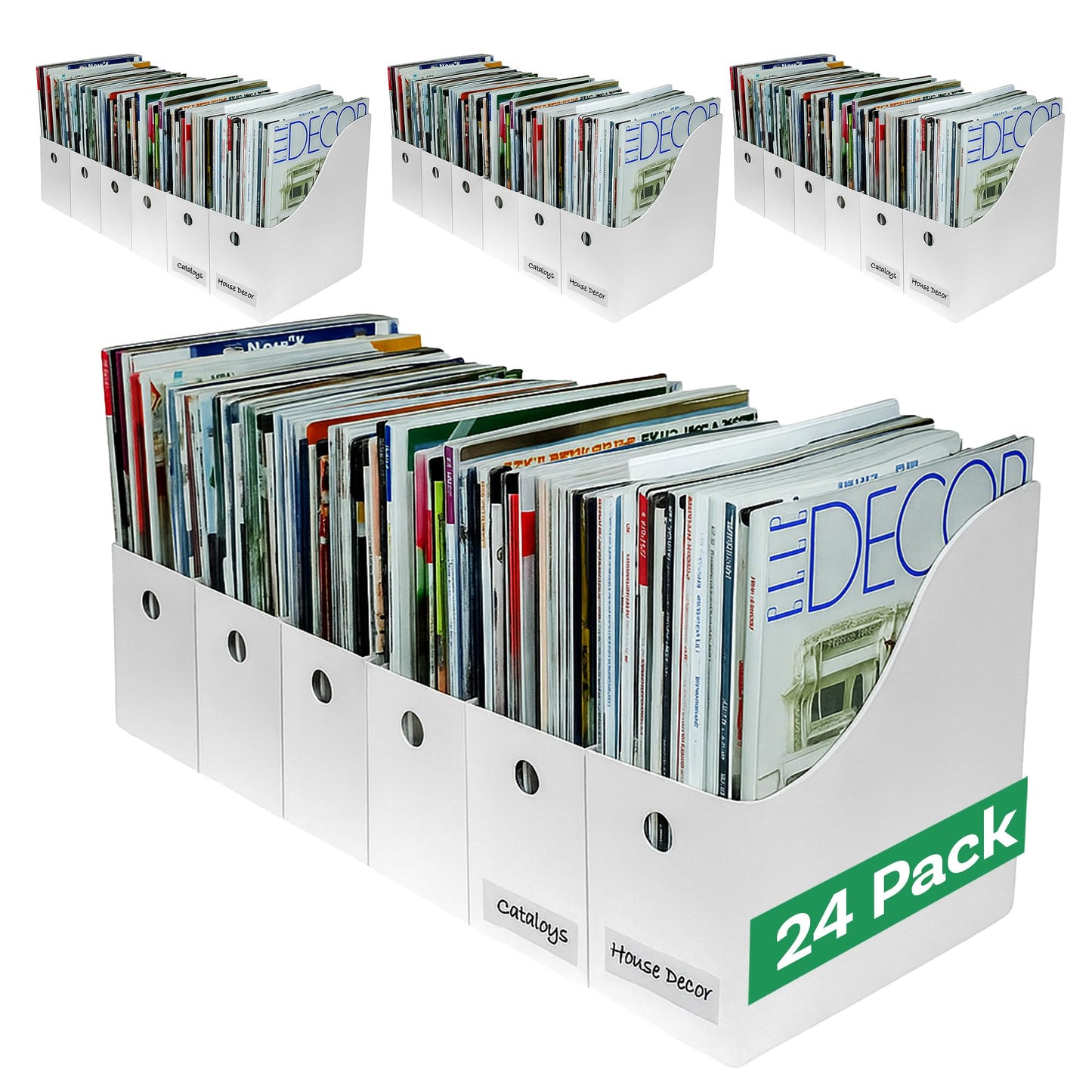 Evelots Magazine File Holder - Set of 24 White - Office Desk Organizer - Sturdy Cardboard - New Upgraded Double Front Panel for More Stability - Full 4 Inch Wide - Easy Assemble
