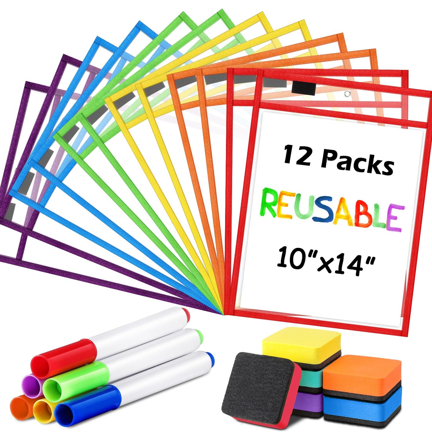 24 Pcs Dry Erase Pocket Reusable Sleeves 10" x 14" Clear Plastic Sheet Protectors with Markers and Mini Dry Erasers for Paper(Rainbow)