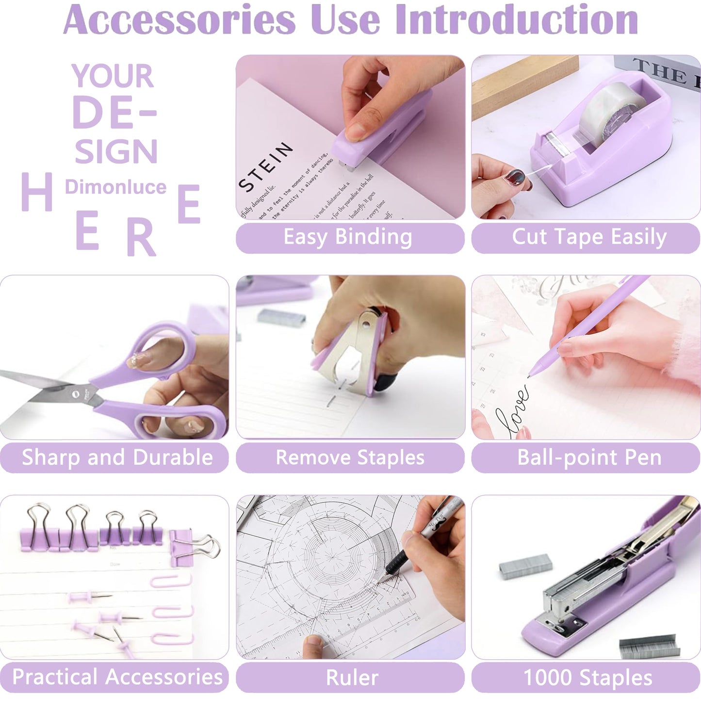 Dimonluce Purple Desk Accessories, Purple Office Supplies Accessories with Tape Dispenser, Stapler, Staple Remover, 1000 Staples, Tape, Clips Set, Ruler, Scissor, Pen