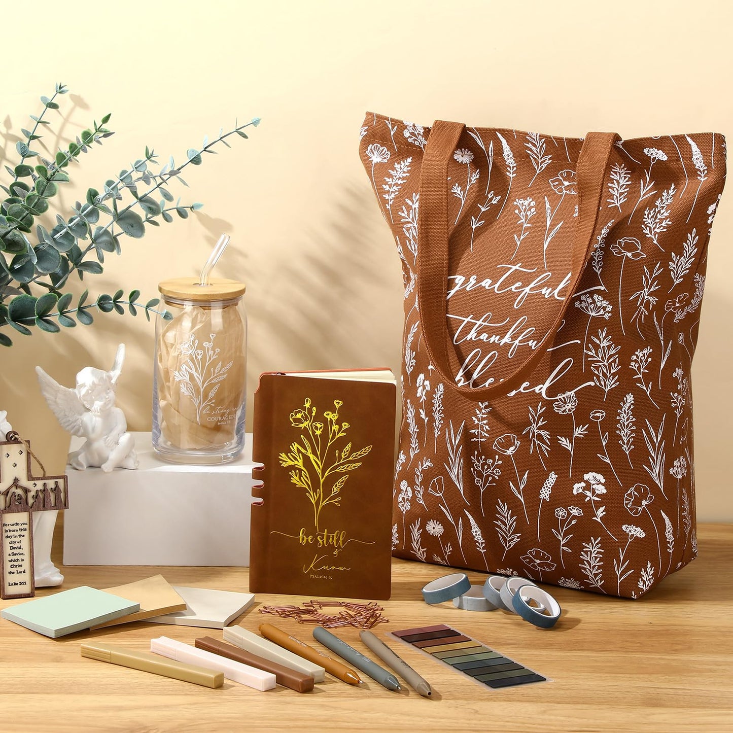 Singhoow 29 Pcs Bible Journaling Supplies Kit 16 oz Glass Cup Canvas Bag Leather Notebook Highlighters Pens Sticky Note Tapes Bible Study Supplies for Women Fathers Sunday School Teacher(Boho, Brown)