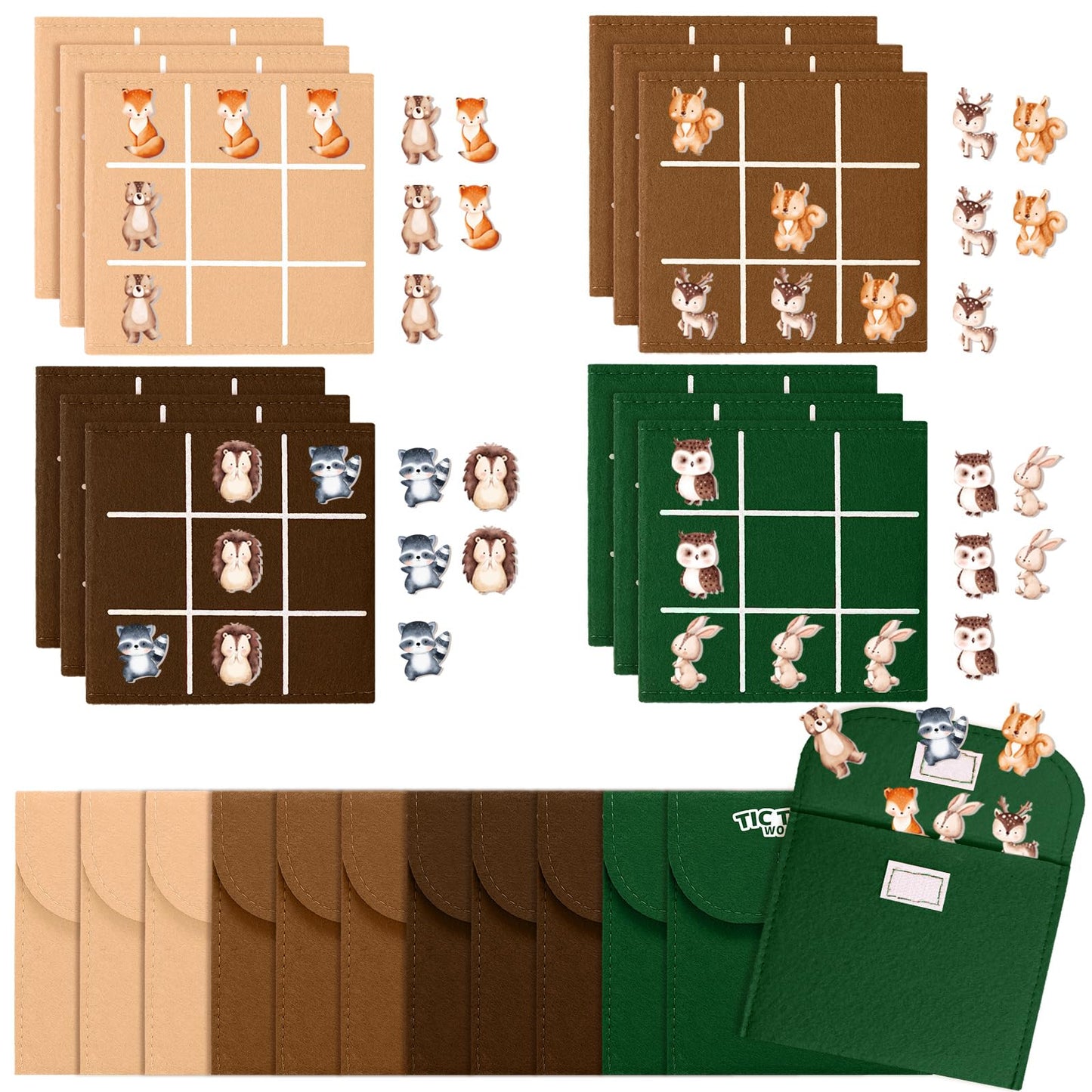 JolliLudo 24 Set Tic Tac Toe Game Pack Woodland Animals Jungle Party Favors Felt Safari Goodie Bags Stuffers Baby Educational Toys Board Game with Envelopes for End of Year Students Classroom Prizes