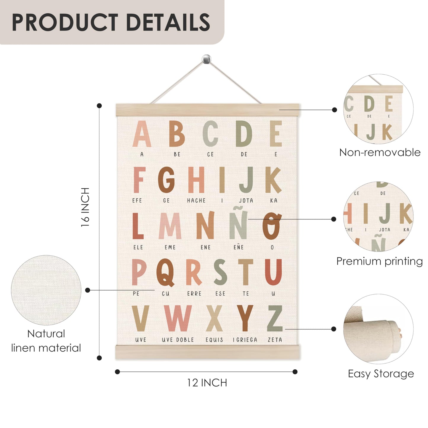 HUGANE Alphabet Wall Art, Boho Educational Nursery Poster, 12x16 Inches