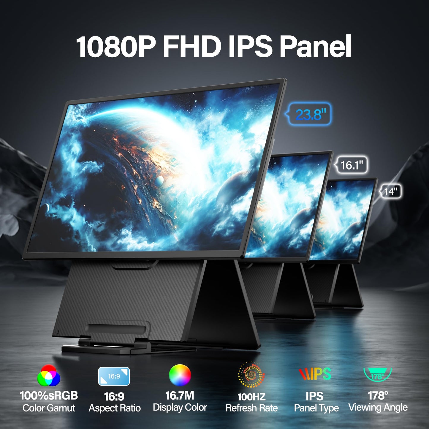 Setclod 23.8" Large Portable Monitor, 1080P FHD 100Hz Laptop Screen Extender, IPS 125% sRGB, Extra USB Hub for Office Gaming with Detachable Stand, Travel Monitor for Window, MAC, Xbox, Switch