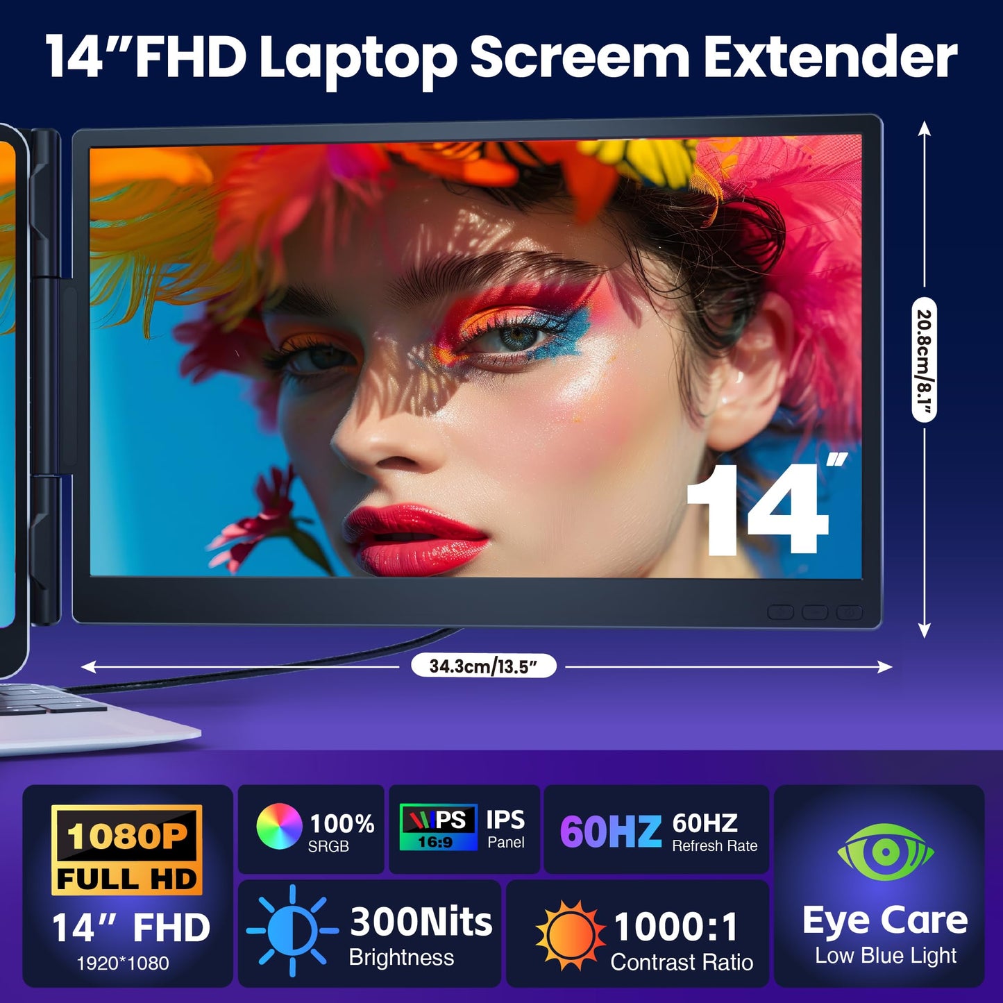 CIDETTY Laptop Screen Extender 0.27" Ultra-Thin, 14" Dual Portable Monitor FHD 1080P IPS, USB-C/HDMI Plug & Play Travel Screen for 13-17" Laptops, Compatible with Wins/Mac/Chrome/Switch/Android