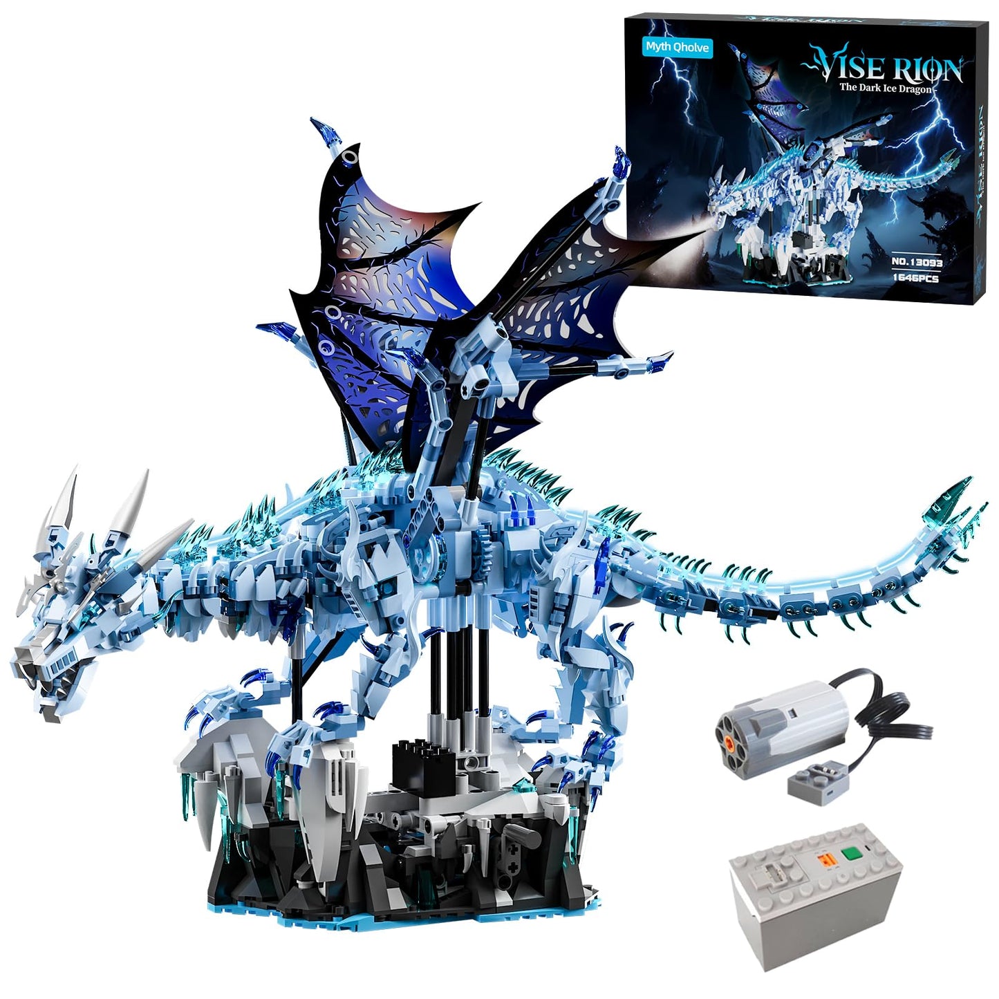 Myth Qholve Mechanical Dark Ice Dragon Building Block Set with Motor & Hand Crank Motion Movable Head, Wings & Limbs Fantasy Dragon Model Kit for Teens & Adults