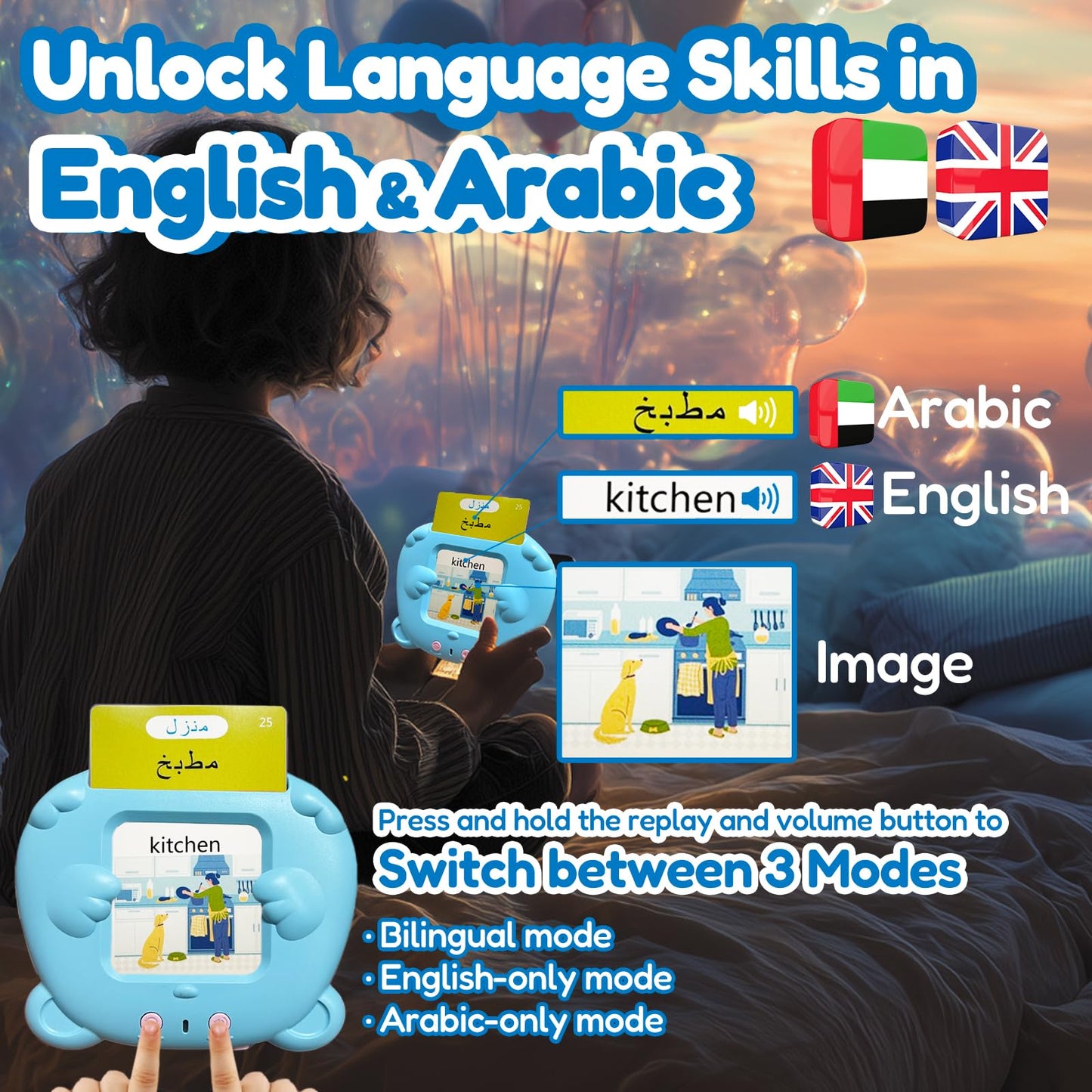 MoLingvora Bilingual Talking Flash Cards for Kids - Arabic English Flashcards Children Adults, 510 Sight Words, ABC Alphabet, Pocket Speech for Toddlers, Audible Sensory Toys (Arabic, Blue)