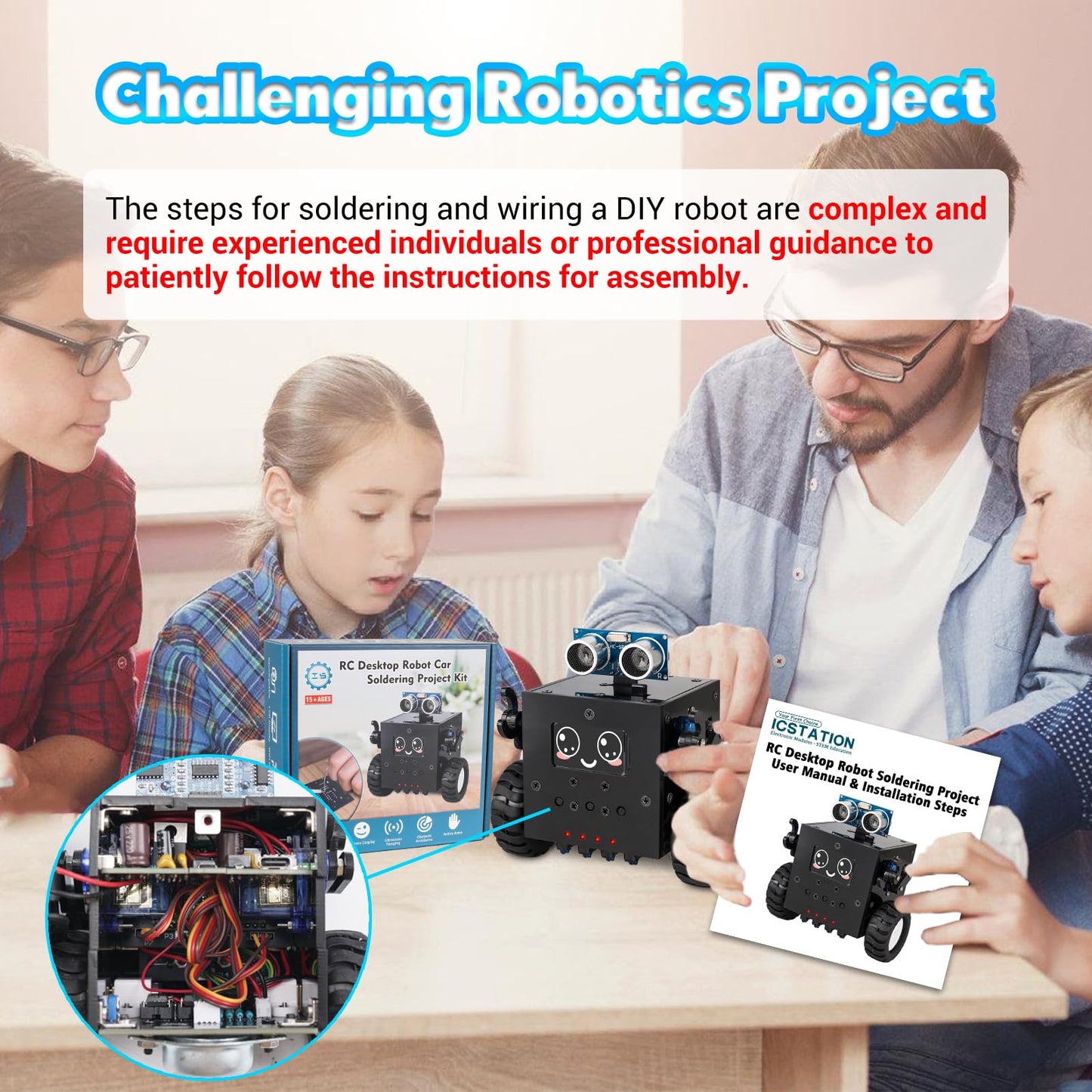 DIY Robot Car Soldering Project, ICSTATION STEM Electronics Learning Kit with Ultrasonic Obstacle Avoidance, Expressions & Time Display, RC Robot Soldering Practice Kit for Adults ＆ Ages 15+ Students