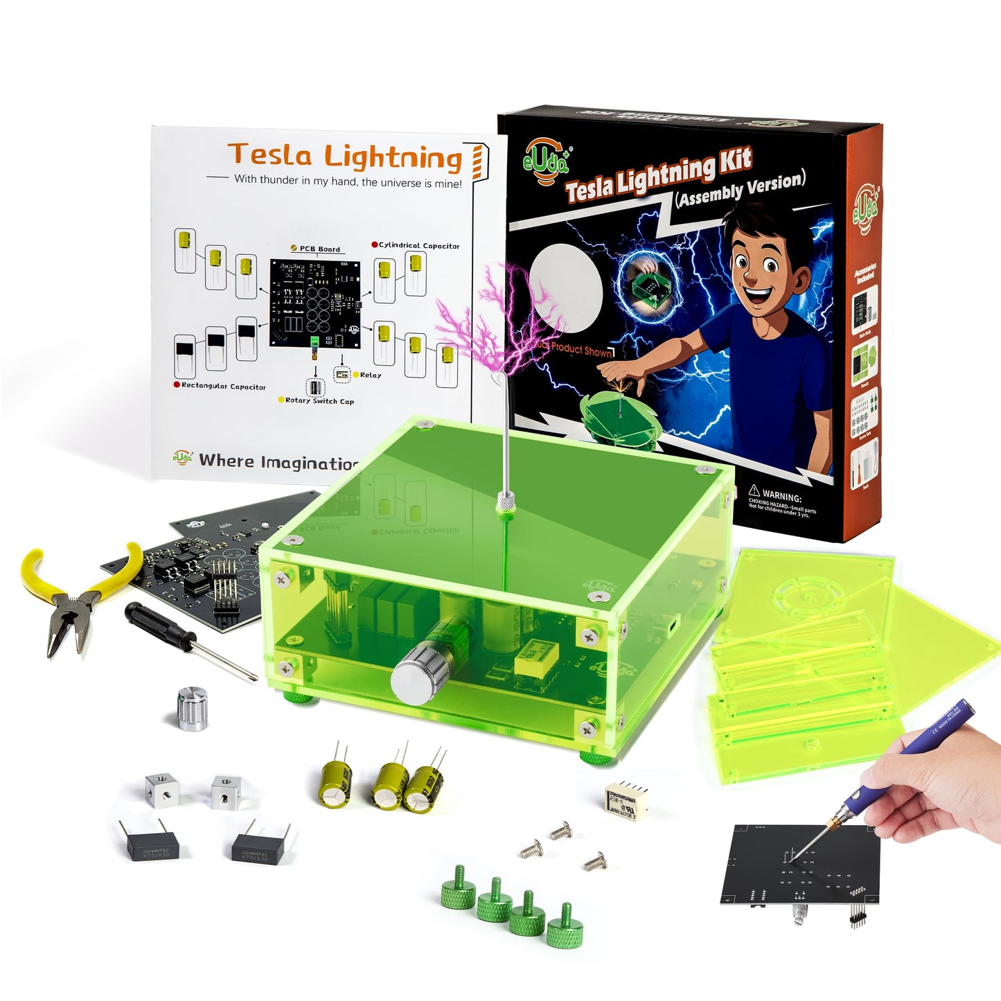 eUda+ STEM Tesla Lightning Kit for Kids&Adults Science Kits for Kids Age 12-14 Build Your Tesla Coil Kit Stem Kits for Kids Age 14-16 Soldering Practice Kit for Beginners 12+ (Soldering Version, RFG)
