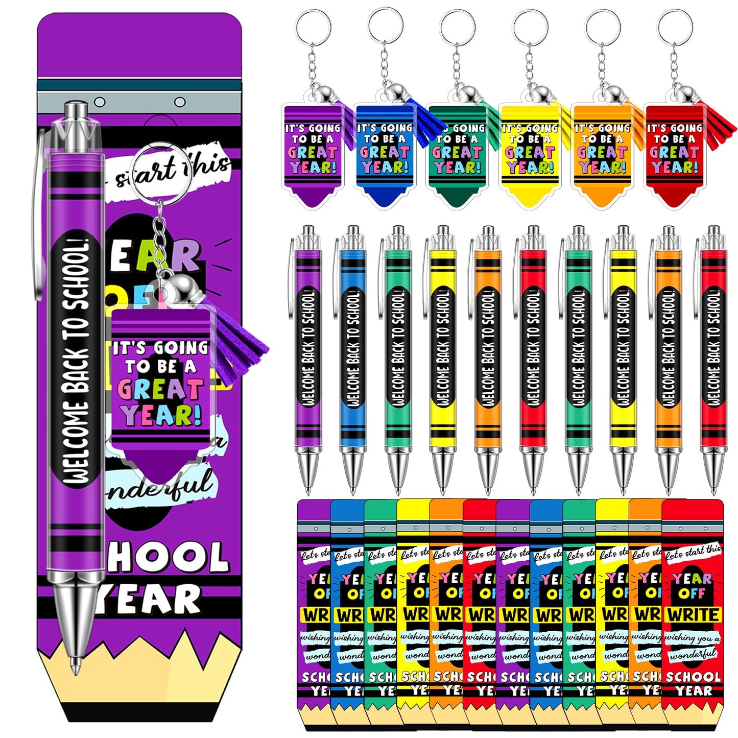 Tenceur 30 Set Bulk Back to School Gifts for Students Crayon Themed Ballpoint Pens Keychains and Cards Set First Day of School Gifts Supplies for Teacher Classroom Rewards Party Favors