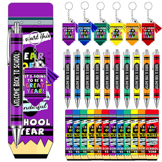 Tenceur 30 Set Bulk Back to School Gifts for Students Crayon Themed Ballpoint Pens Keychains and Cards Set First Day of School Gifts Supplies for Teacher Classroom Rewards Party Favors