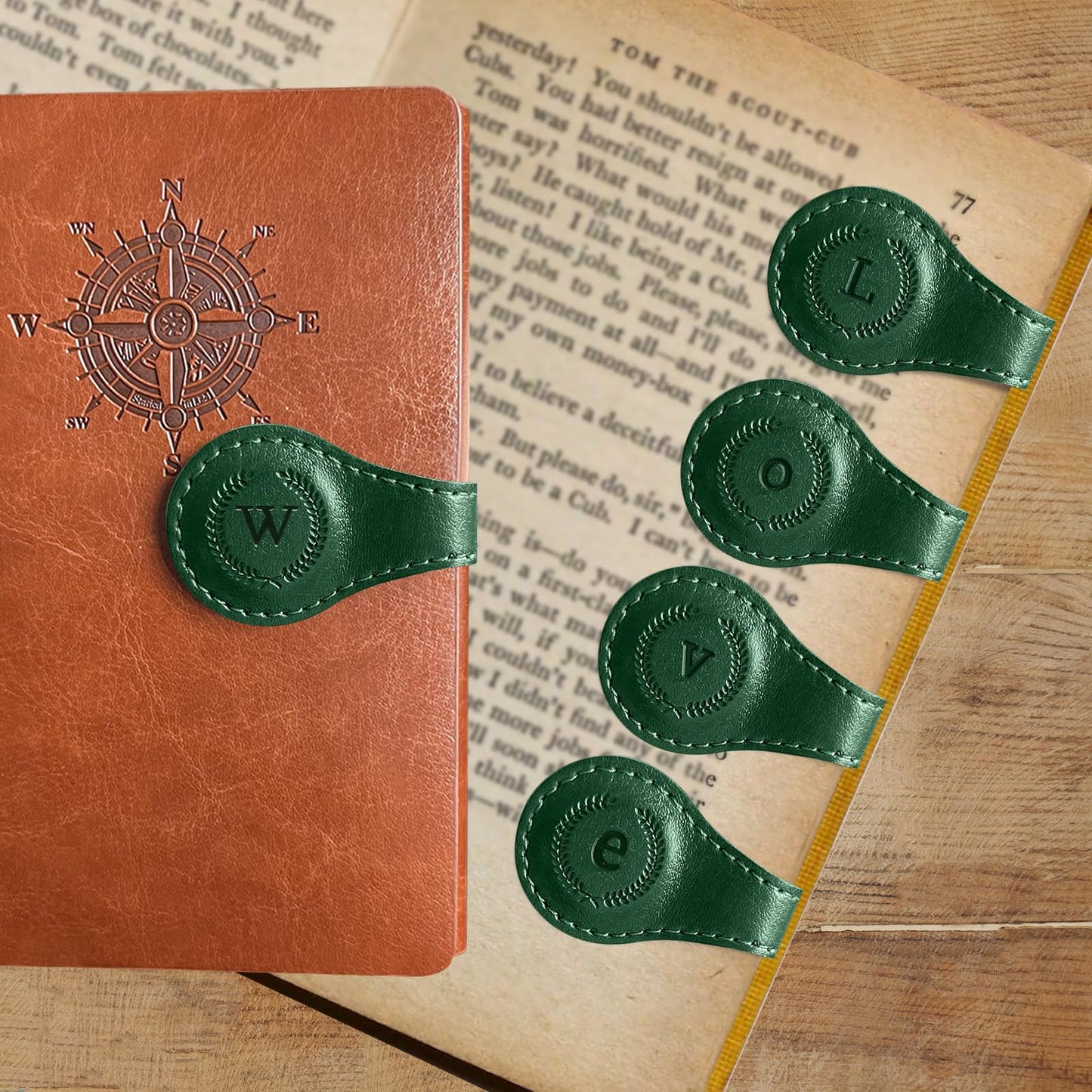 Leather Magnetic Bookmarks, 3D Embossed Alphabet Initial Letter Bookmark, Cute Page Markers for Books, Journals, Planners, Bible, Small Reading Gifts for Women Men, Teachers, Students (Green W)